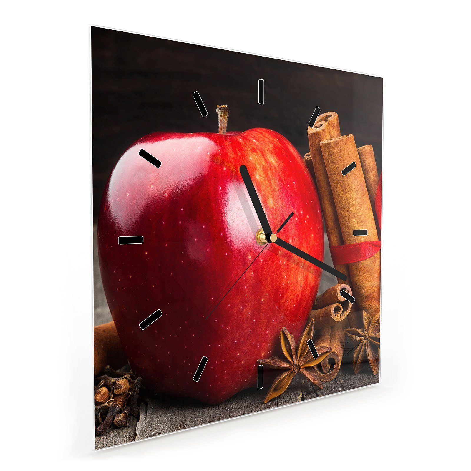 Primedeco Wanduhr Zimtstangen Motiv Glasuhr 30 Größe mit x Wandkunst Wanduhr 30 Apfel und cm