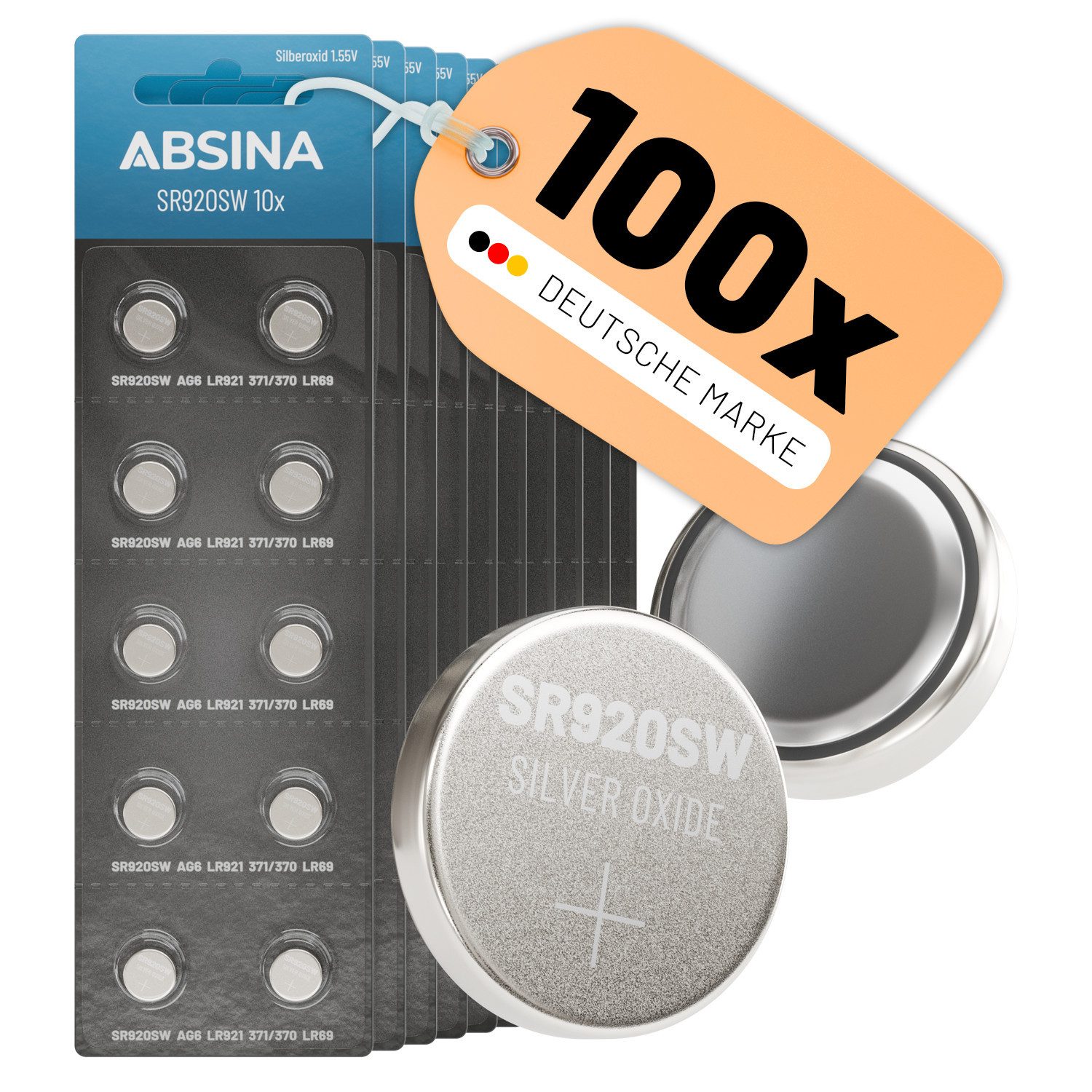 ABSINA SR920SW Uhrenbatterie 1,55V Silberoxid 100er Pack - Knopfzelle LR921 Knopfzelle, (10 St)