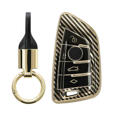 kwmobile Schlüsseltasche Hülle für BMW 3-Tasten Smart Key Autoschlüssel (1-tlg), Schlüsselhülle mit Key Ring Anhänger - Cover Gold Schwarz