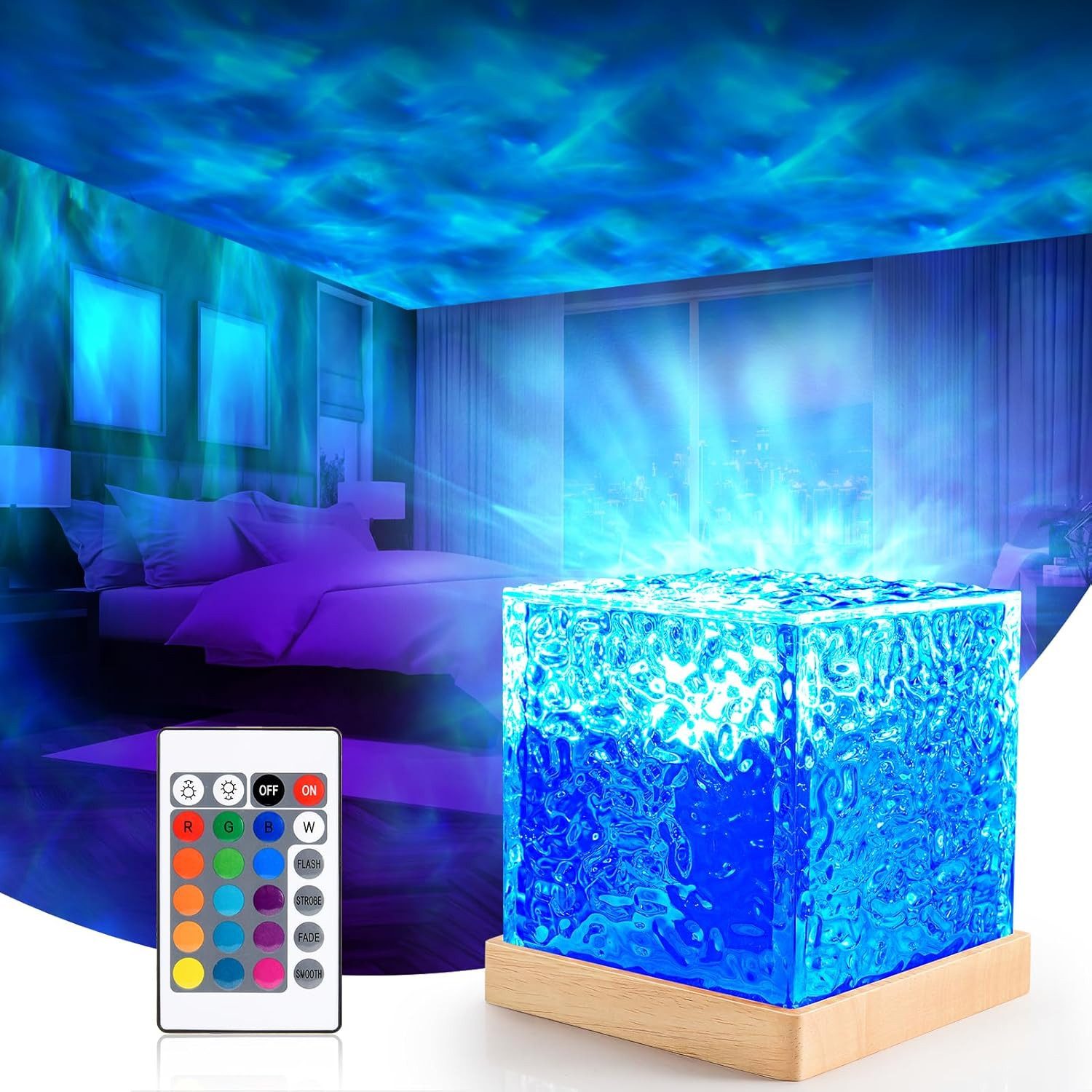 BlingBin LED Nachtlicht 16 Farben Wasserwellen Lampe Nachtlicht Cube mit Fernbedienung, USB-Stromversorgung, LED fest integriert, RGB, Sternenhimmel LED Projektor Nachtlicht, Kinder Zimmer Deko