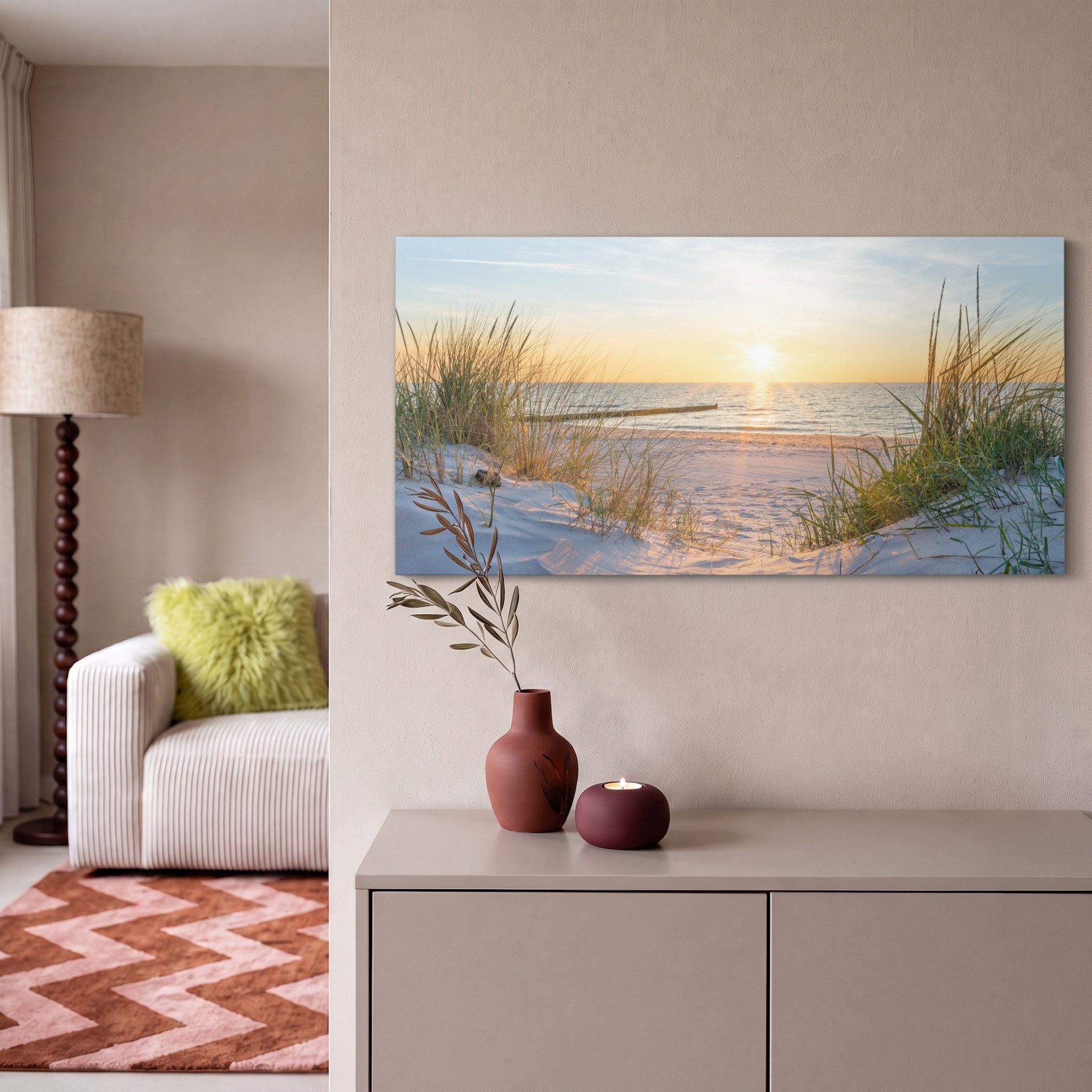 OneMillionCanvasses® Leinwandbild Panorama Strand - Sonne - Düne - Gras - Sand - Horizont, Fotodruck (1 St), Wandbild, Deko Schlafzimmer Wohnzimmer Flur 40x20 c – Bild 2 von 5