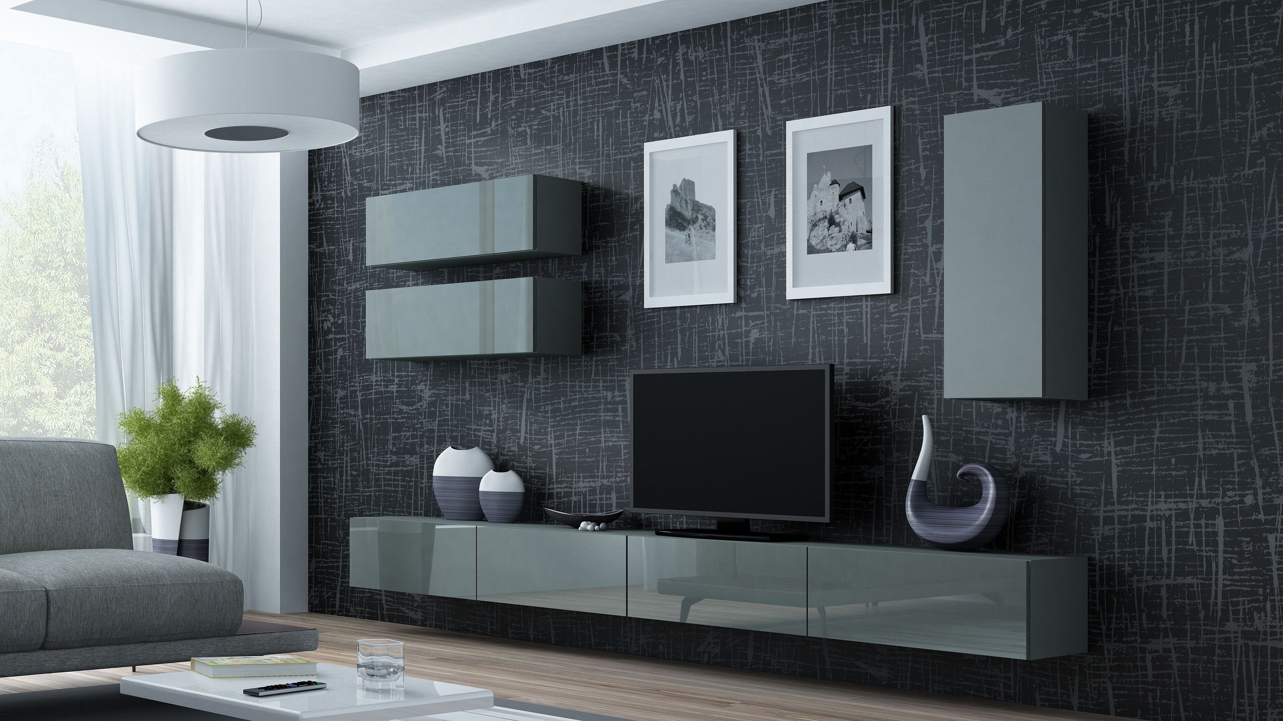 Stylefy Wohnwand Vago XIII, (Set (5-St), Wohnmöbel, Wohnzimmer-Set), bestehend aus 2xLowboard und 3xHängeschrank, Hochglanzfronten, mit Push-to-Open, Modern Design Grau Matt - Grau Hochglanz