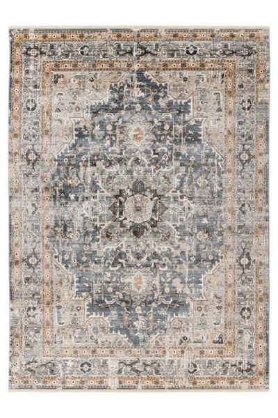 Teppich Teppich Vintage Design, silberfarben, LALEE, Rechteckig, Höhe: 6 mm, mit Medaillon, mit Bordüre, mit Fransen, klassisch, orientalisch, pflegeleicht