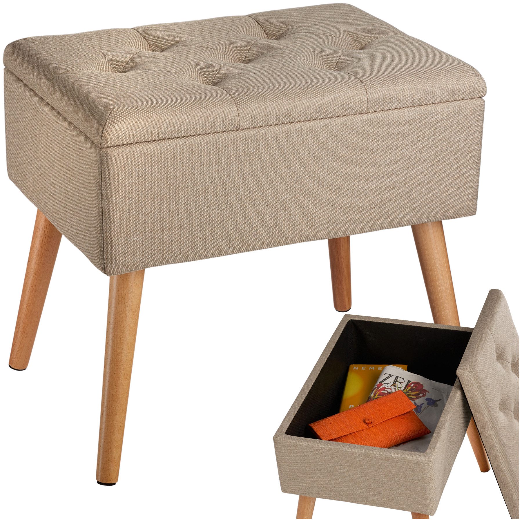 tectake Bank Sitzmöbel, Maße: 51 x 37,5 x 45,5 cm, gepolstert, in Leinenoptik (Esszimmersitz Ranya, in Sand), Mit großem Staufach, Holzbeine mit Filzgleitern, Belastbarkeit 300 kg