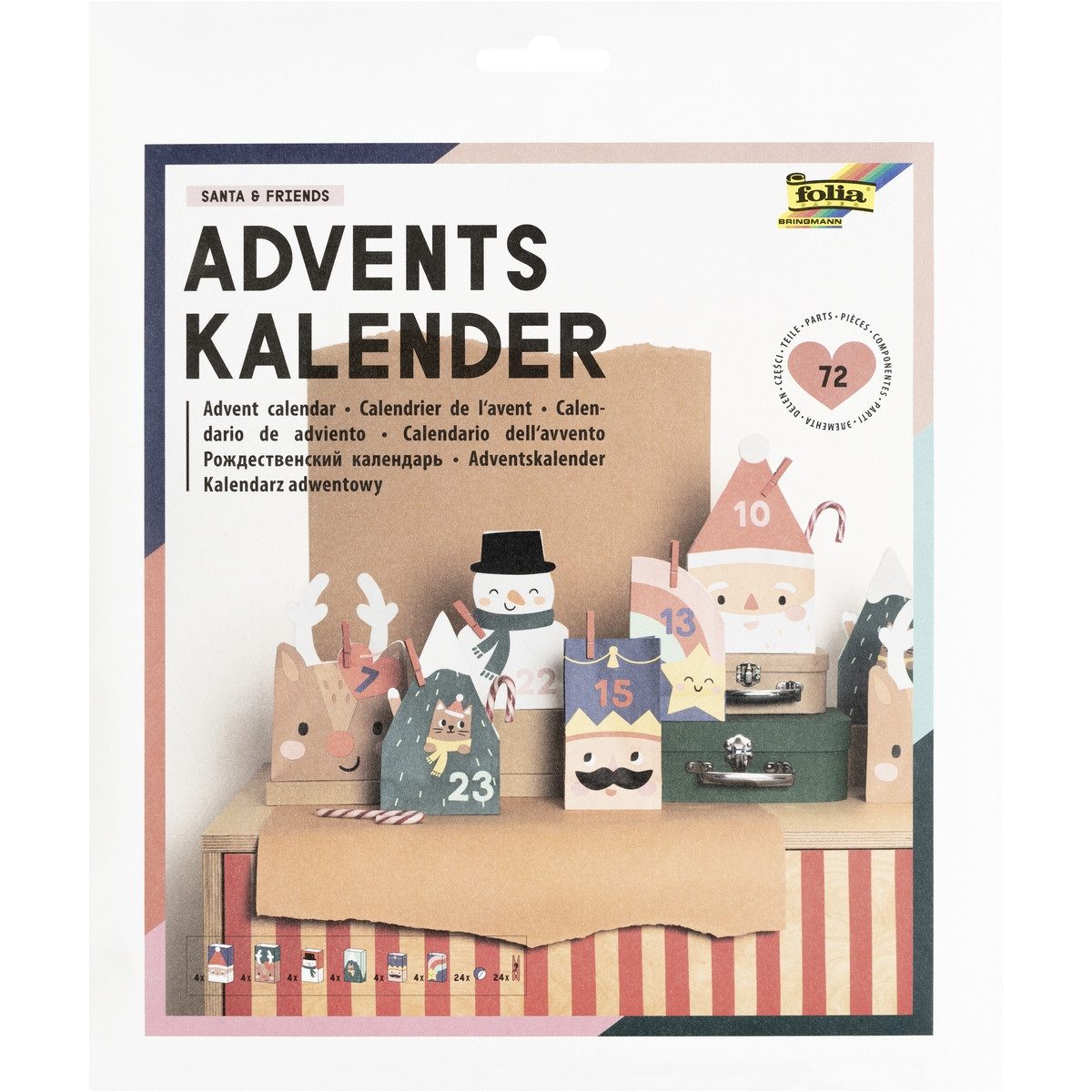 Folia Kalender zum Selbstbasteln Folia Bastelset Adventskalender Santa & Friends 72 Teile