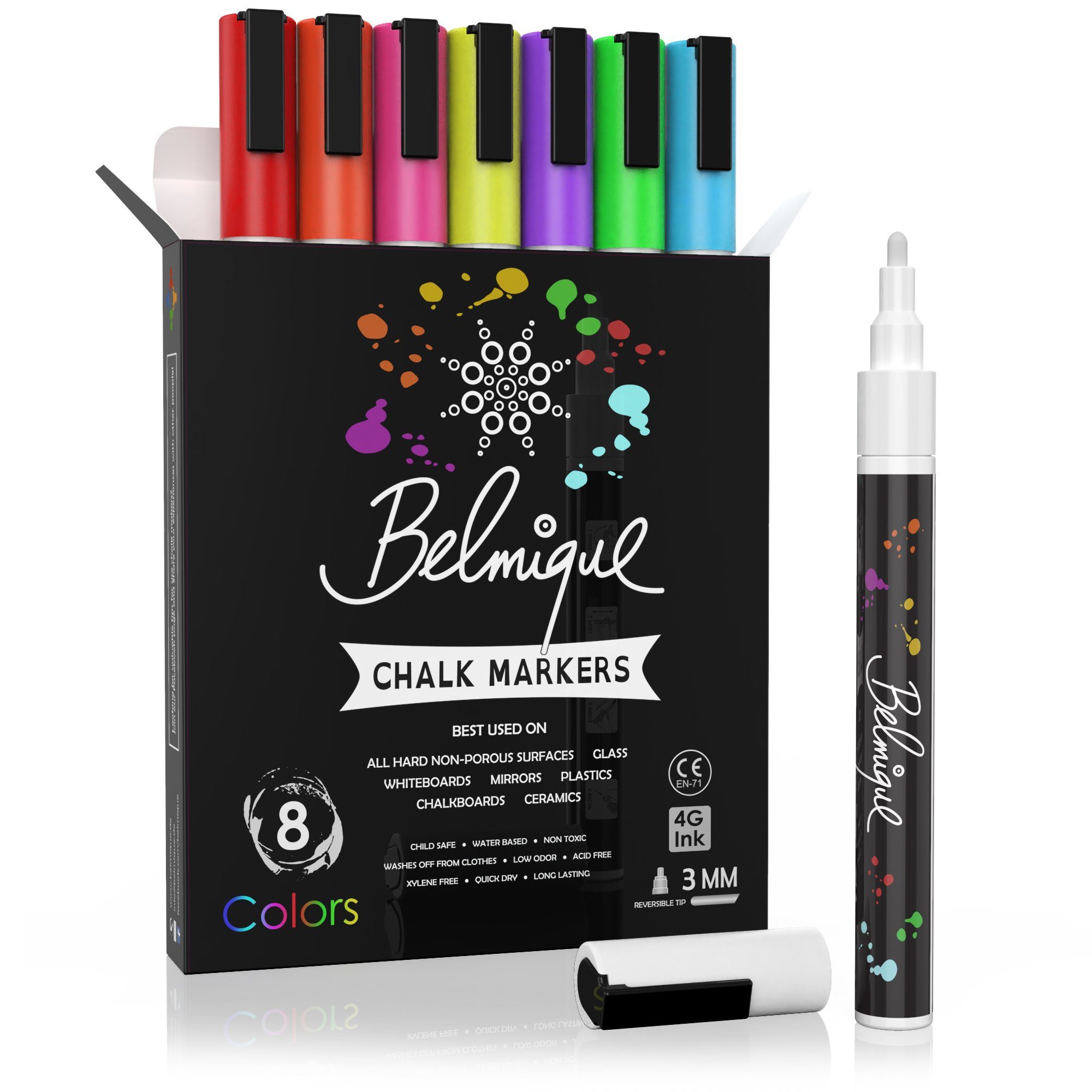 Belmique Malkreide Крейдаmarker - Крейдаstifte 3MM Bunt, (8-tlg), Ideal als Крейдаstifte, Folienstifte, Tafelstift, Glasmarker