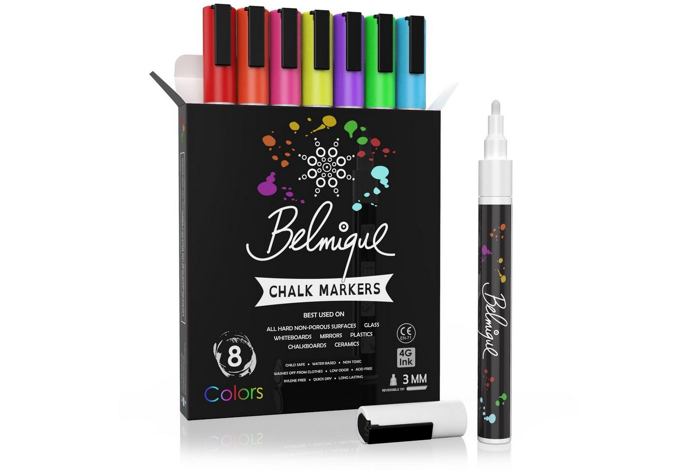 Belmique Malkreide Kreidemarker - Kreidestifte 3MM Bunt, (8-tlg), Ideal als Kreidestifte, Folienstifte, Tafelstift, Glasmarker