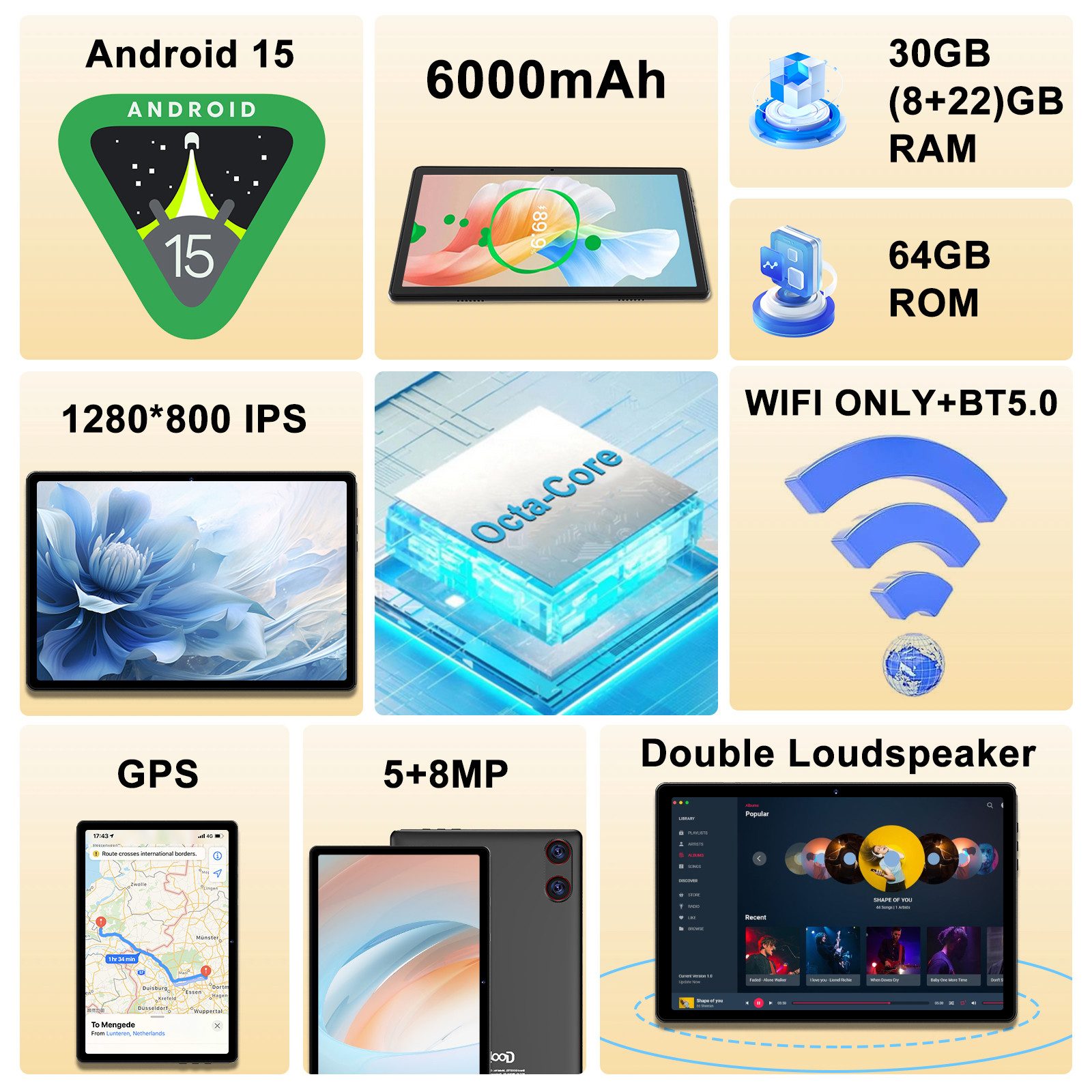 GOODTEL Tablet Android 15, WiFi, 30GB RAM 64GB Speicher erweitern bis zu 1TB Tablet (10,1", Android 15, 64GB Speicher/erweiterbar auf 512TB,6000mAh,Gemini AI,WiFi,Widevine L1)