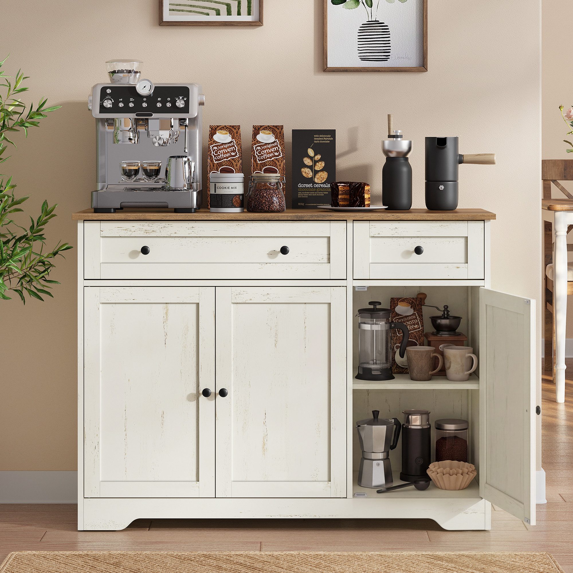 VASAGLE Buffet Aufbewahrungsschrank, Küchenschrank im Landhausstil, Sideboard Küchenschrank im Landhausstil mit Schublade