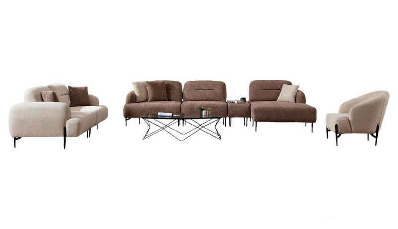 JVmoebel Wohnzimmer-Set Moderne Braun-Weiße Sofagarnitur 3 Sitzer Stoffsessel L-Form Ecksofa, (5-St., 1x Sofa 3 Sitzer+1x Sessel+1x Ecksofa L-Form), Made in Europa