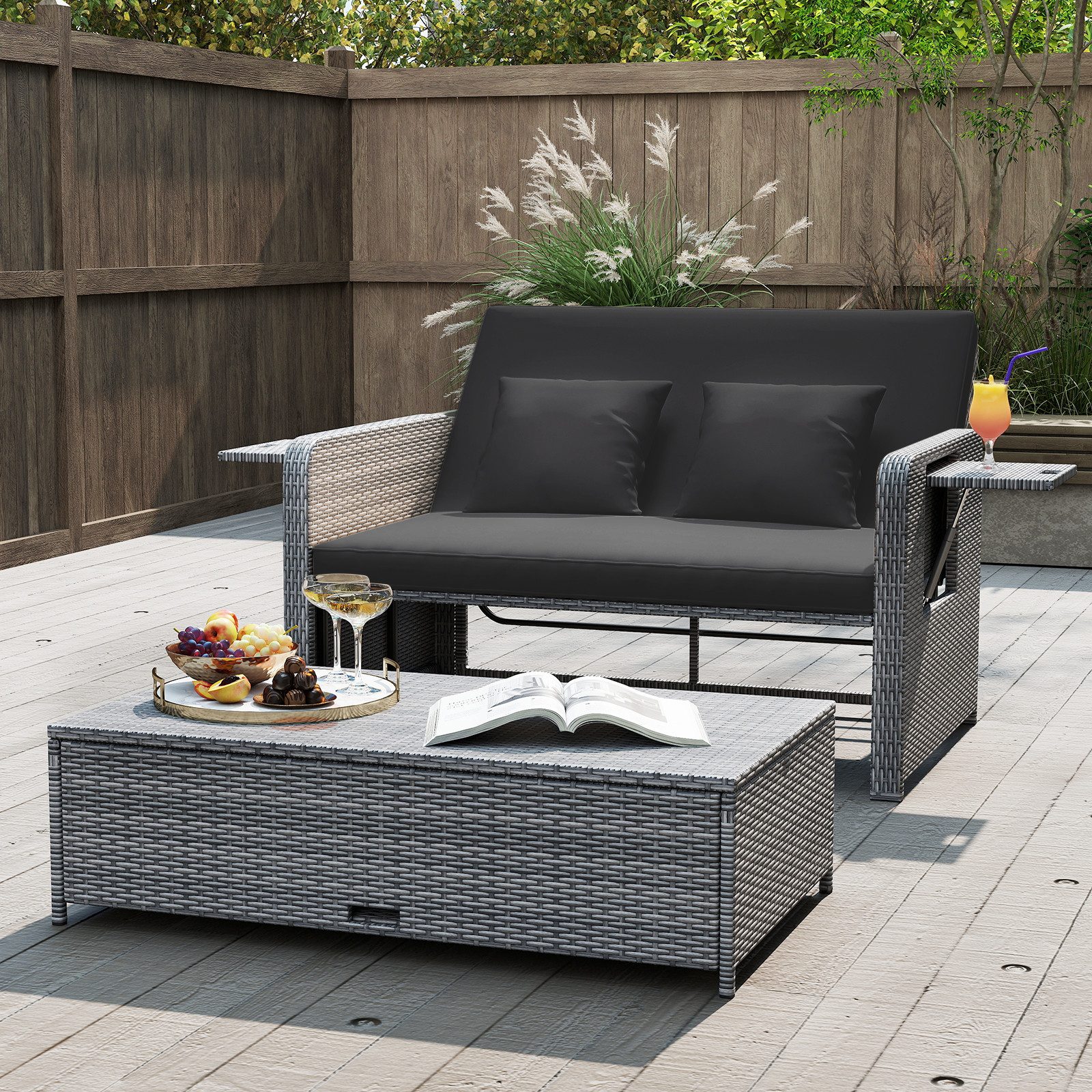 COSTWAY Loungebett, Gartenliege mit Auflage, verstellbarer Rückenlehne, Stauraum Rattan