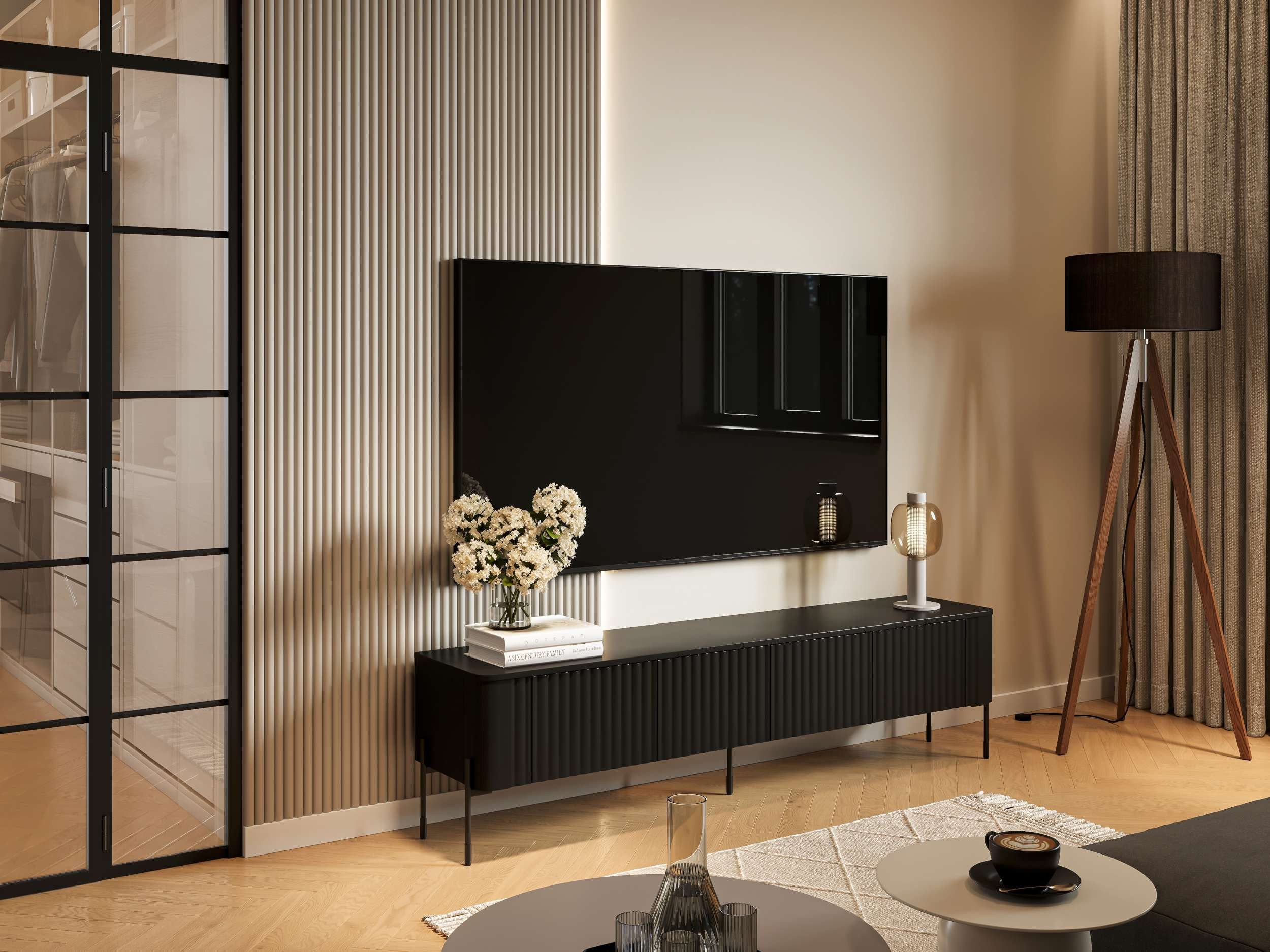 99rooms Lowboard Reva (TV-Kommode, TV-Schrank), mit 4 grifflosen Türen, aus Holzwerkstoff, schwarze Metallfüße
