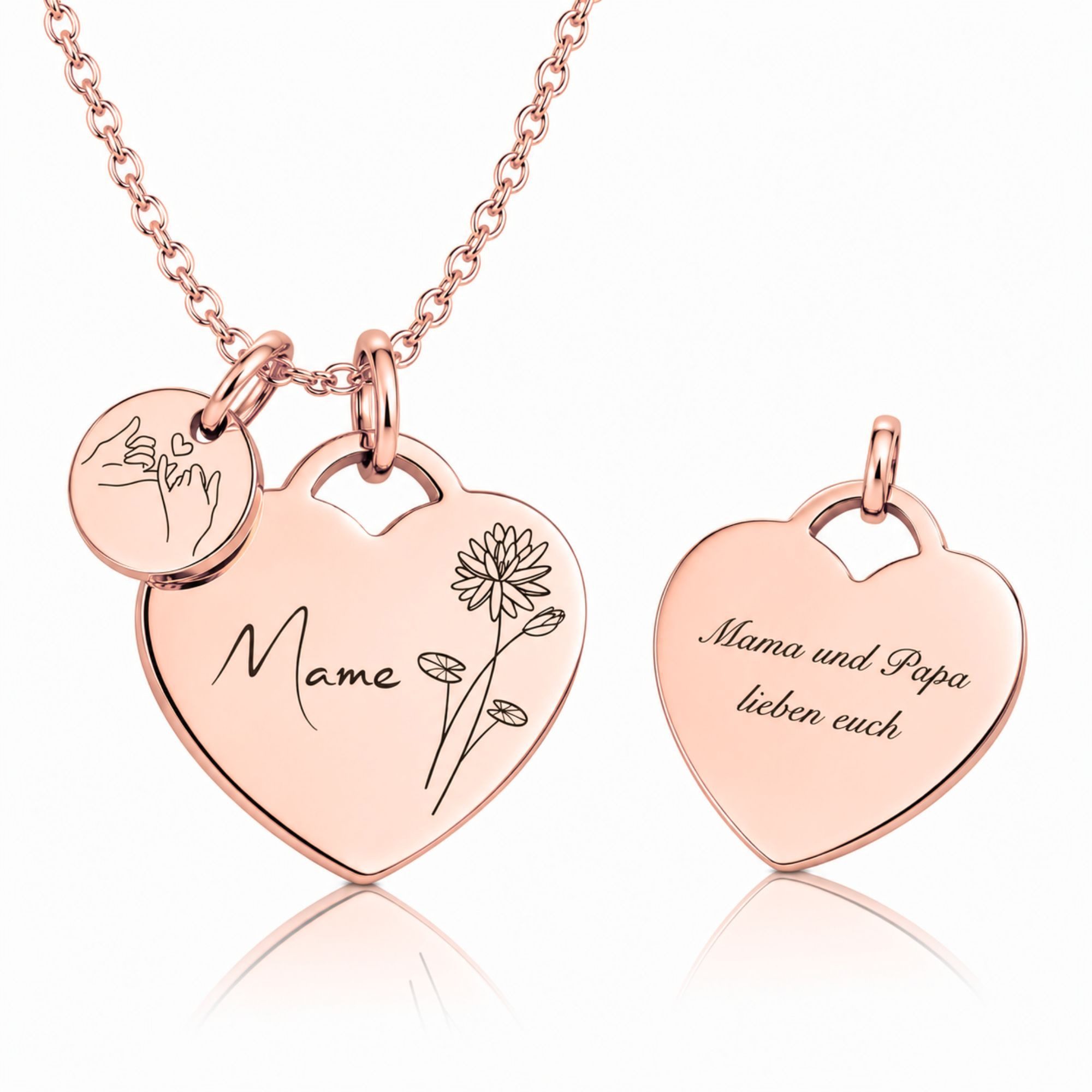 BS Schmuckdesign Kette mit Anhänger mit Gravur Personalisierte Halskette Damen Herzkette Name und Monatsblume Gravur (inkl. Gravur), vollständig personalisierbar inkl. Geschenkbox