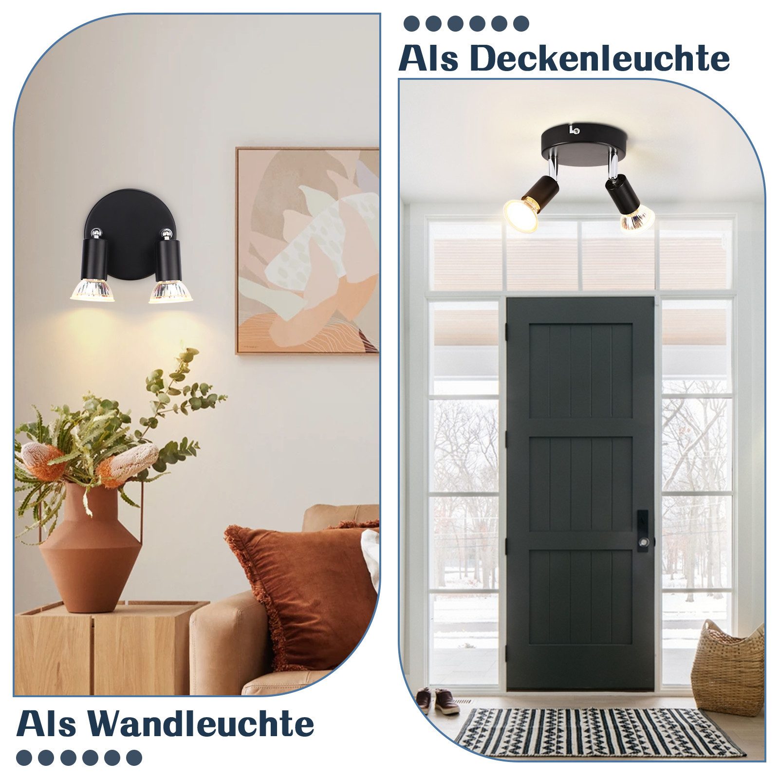 ZMH Deckenstrahler 2/3 Flammig 90° neigbar Rund GU10 Küchenlampe für Schlafzimmer Büro, Einfache Installation, ohne Leuchtmittel, Schwarz Modern Flurlampe Drehbar 350° Deckenleuchte Küche
