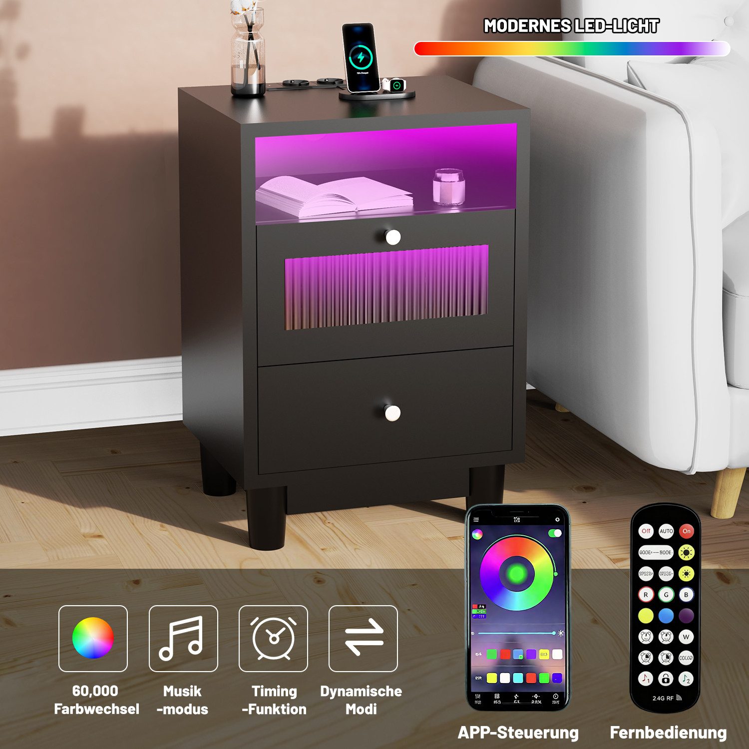 oyajia Nachttisch mit LED-Beleuchtung und Ladefunktion, günstig online kaufen