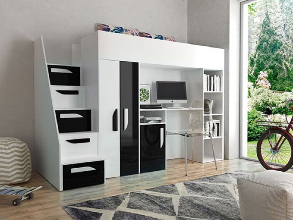 Feldmann-Wohnen Hochbett PARTY (Etagenbett mit Schreibtisch + Kleiderschrank) Farbe wählbar weiß / schwarz Hochglanz - Griffe weiß / schwarz