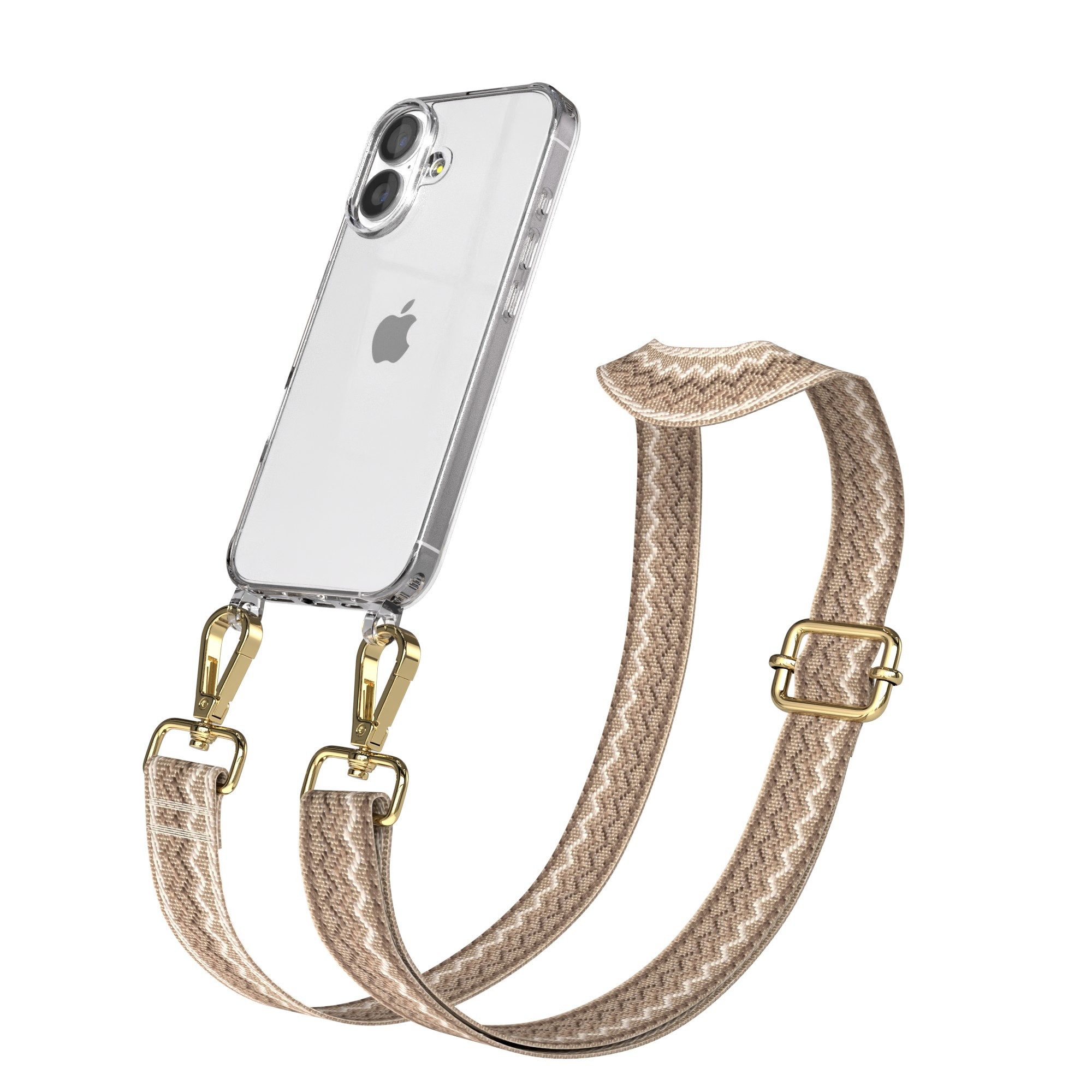 EAZY CASE Handykette Silikonhülle mit runder Kette für Apple iPhone 17 6,3 Zoll, Schulterriemen Taschenband mit Hülle Handyband Wave mit Band Braun