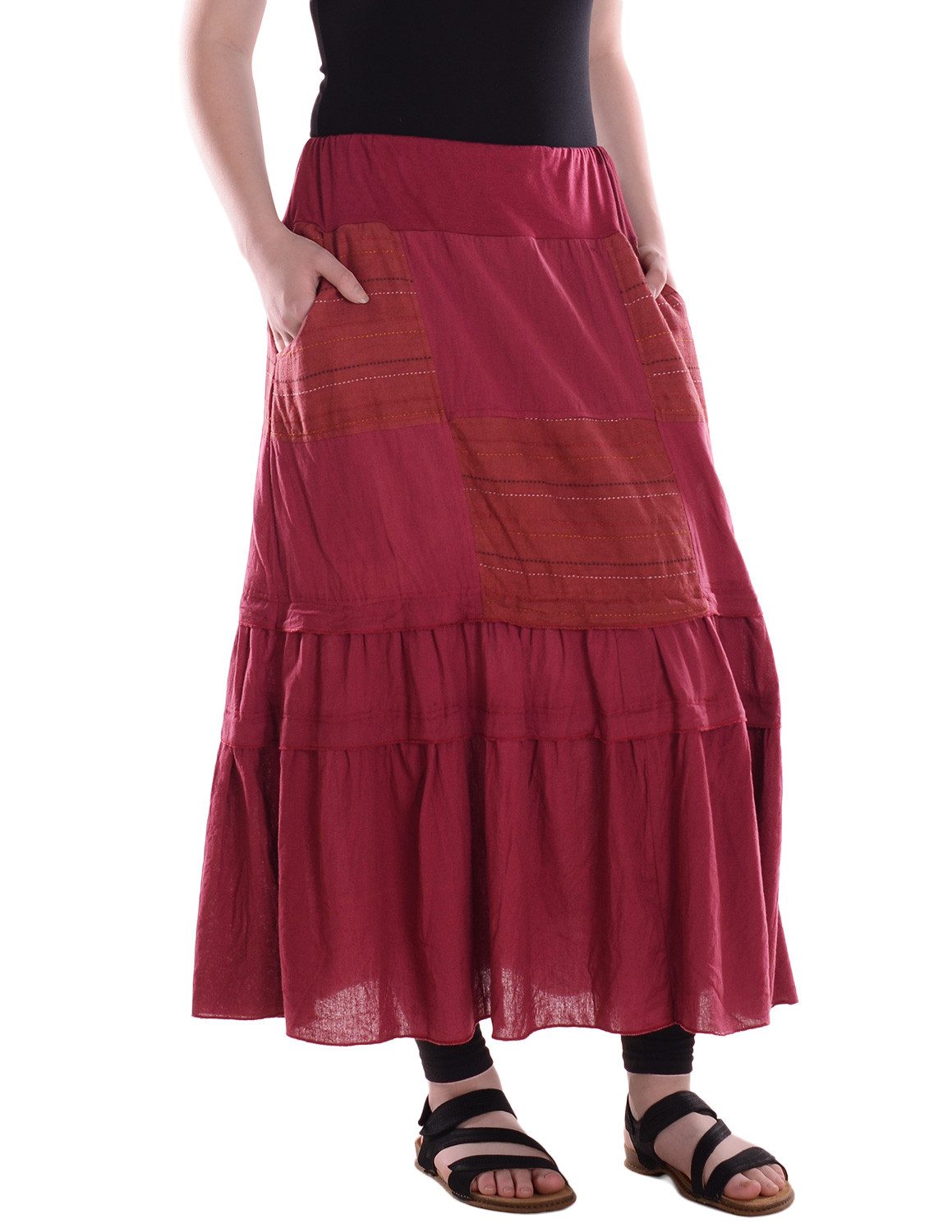 Maxirock Damen Lagenrock Baumwolle Casual elastischer Bund mit Taschen
