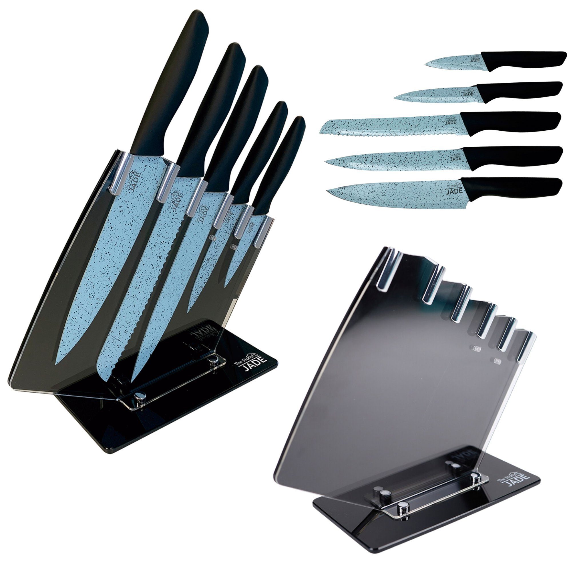 Starlyf Messer-Set Jade Knife Series + Stand (Set, 6-tlg., Einzeln oder mit Messerschärfer), Set aus 5 Messern mit Jadepulverbeschichtung und Messerständer