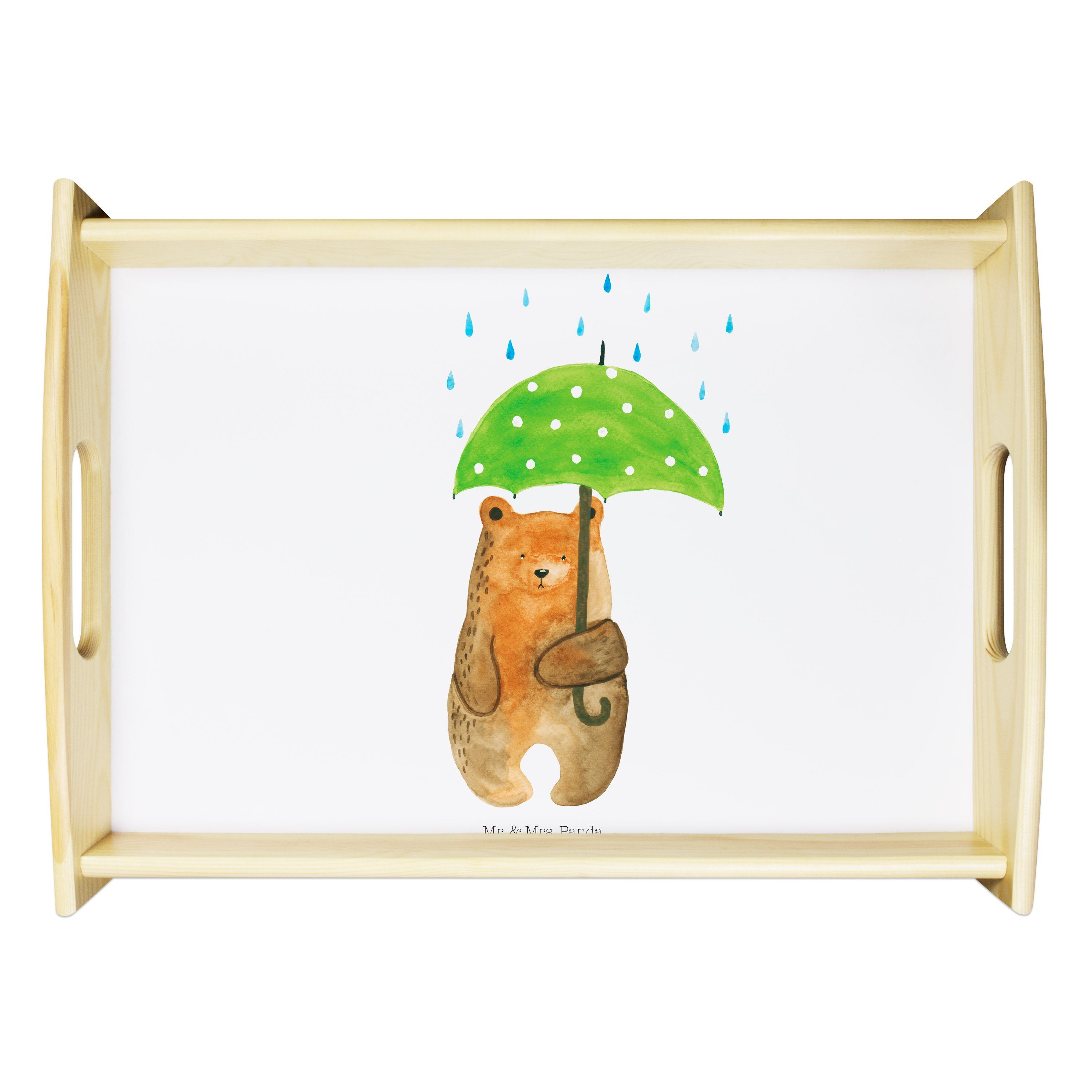 Mr. & Mrs. Panda Tablett Bär mit Regenschirm - Weiß - Geschenk, Partner, Teddy, Tablett, Frühs, Echtholz lasiert, (1-tlg)