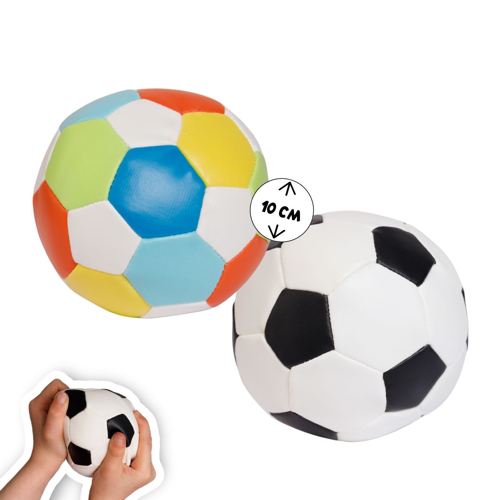 alldoro Softball Ø 10 cm, 2er Set schwarz-weiß & bunt im Fußball-Design, ab 0 Jahren, Kinderbälle, extra weich und leicht, Ballspiele für drinnen & draußen