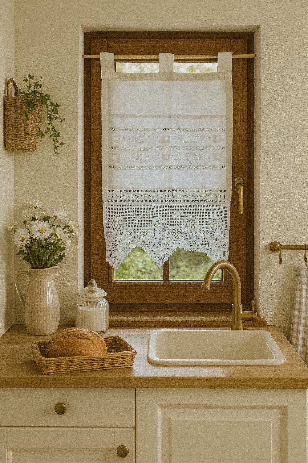 HOSSNER - ART OF HOME DECO Scheibengardine 40x75 cm (1 St), Schlaufen, blickdicht, Baumwolle, Vintage, Romantische Stickerei