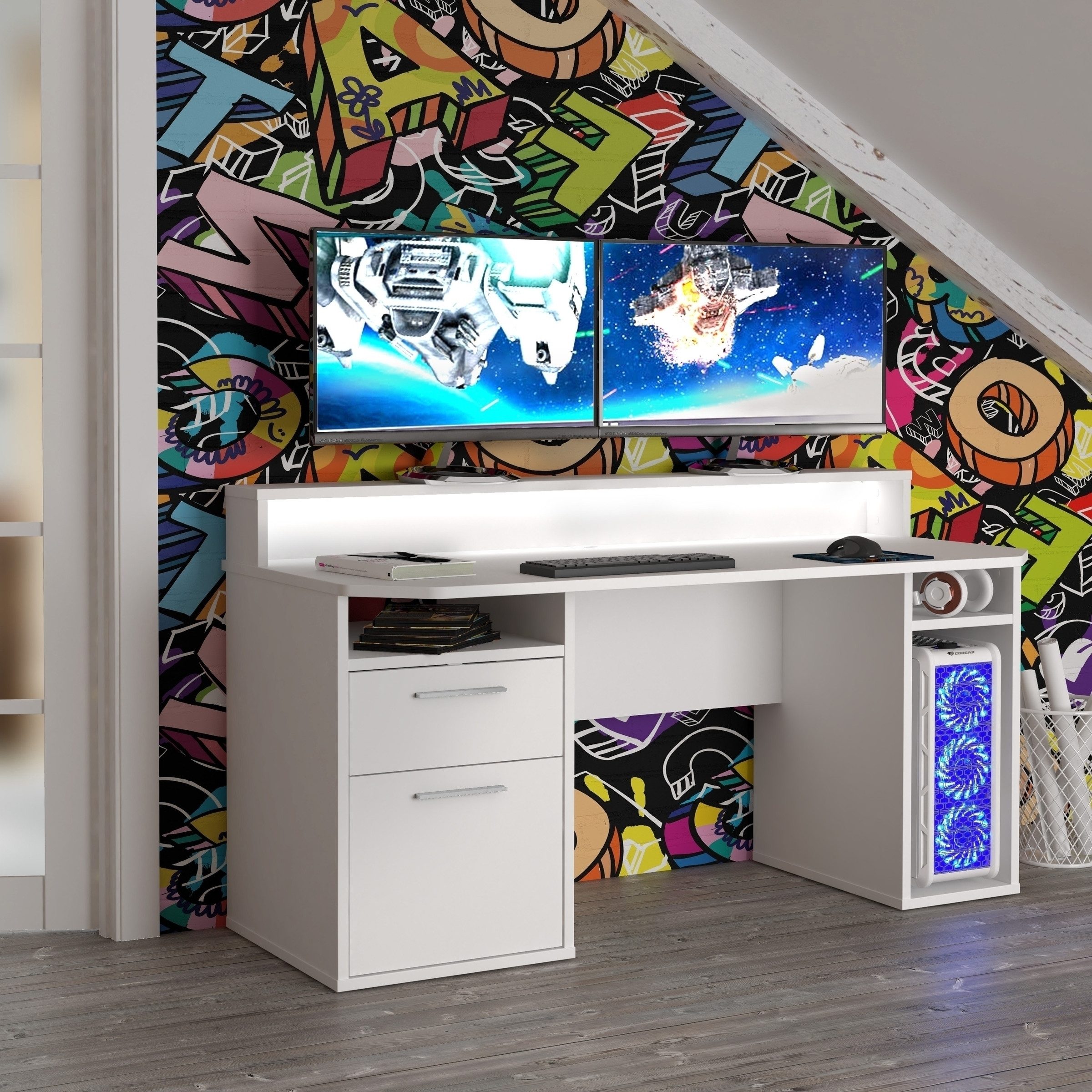 freiraum Schreibtisch TEZAUR, LED-Beleuchtung, Ablage, Fächer, in Weiss - 160x91x72cm (BxHxT)