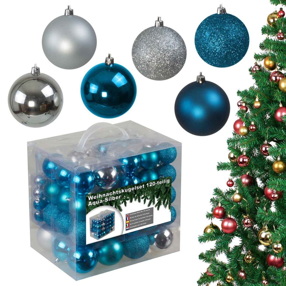 bonsport Weihnachtsbaumkugel Weihnachtskugeln (120 St) Aqua/Silber | Weihnachtskugeln