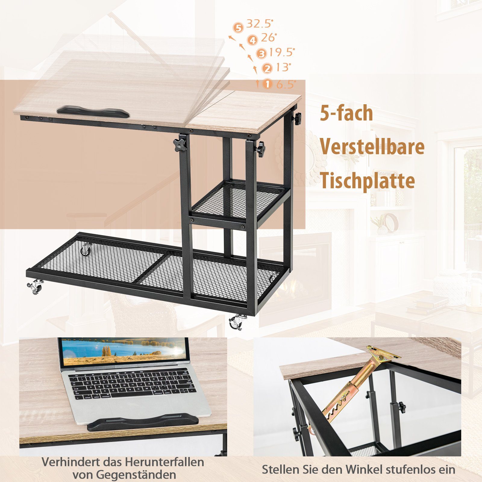 COSTWAY Laptoptisch, Bett, mit Rollen&Ablage, höhenverstellbar, neigbar