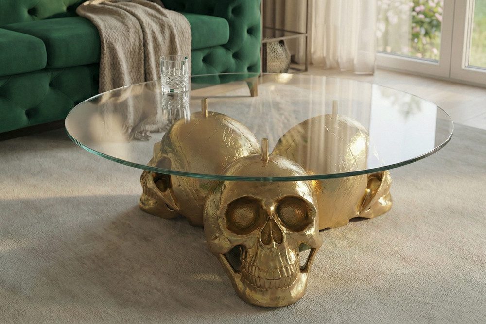 riess-ambiente Couchtisch SKULL XXL 90cm gold Glas rund – Totenkopfgestell, Metall handmade (Einzelartikel, 1-St), Statement Piece, Modern Design, Dekoration, für Wohnzimmer