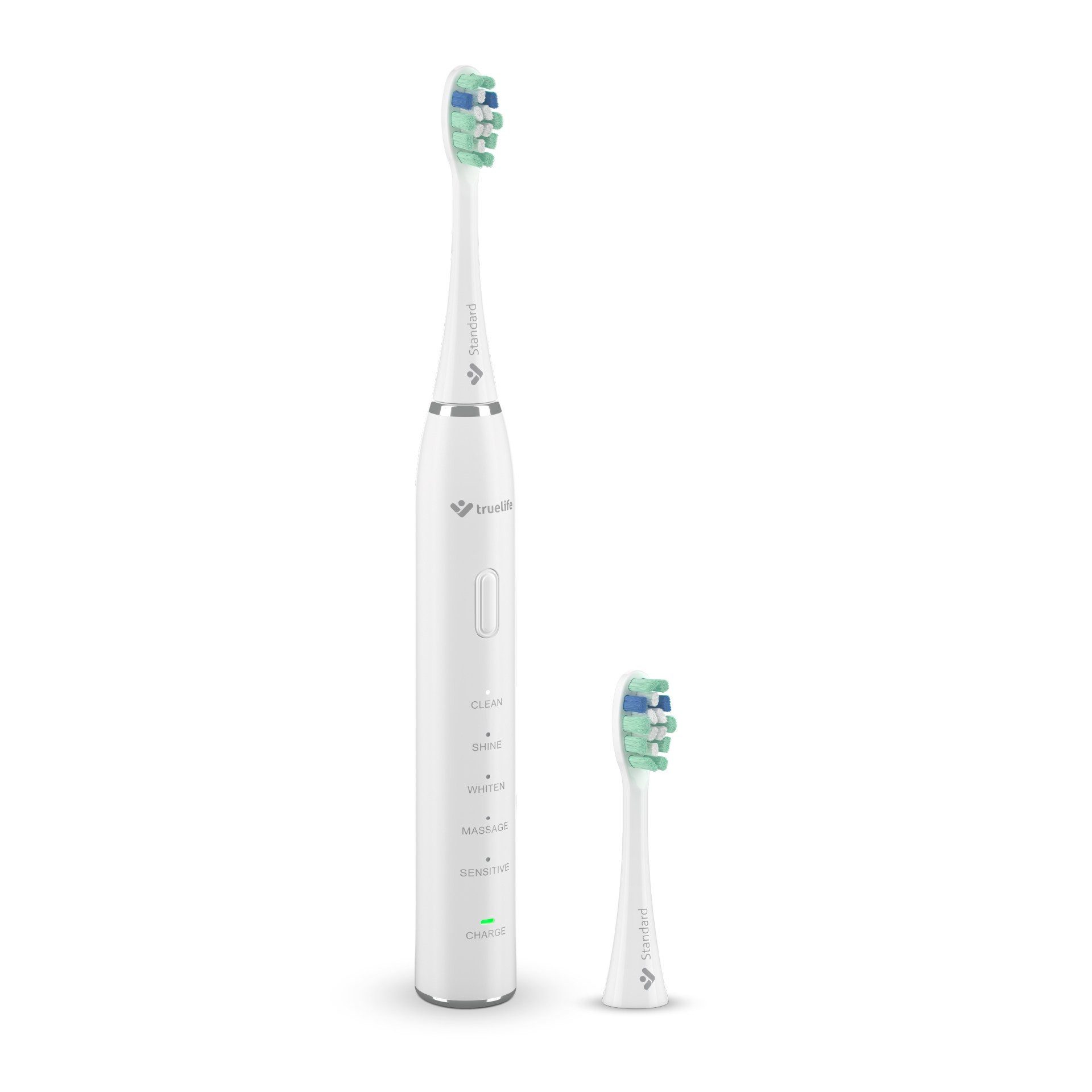 TrueLife Elektrische Zahnbürste TrueLife SonicBrush Clean30, 5 Putzmodi, 30 Tage mit einer Ladung, Aufsteckbürsten: 2 St., 1x TrueLife SonicBrush Clean30, 2x Standardköpfe, 70.000 Bewegungen, 2-Minuten-Timer, Kompakte Abmessungen, Weiss