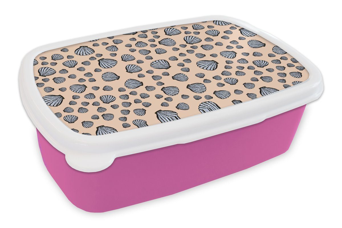 MuchoWow Lunchbox Muscheln - Strand - Muster, Kunststoff, (2-tlg), Brotbox für Erwachsene, Brotdose Kinder, Snackbox, Mädchen, Kunststoff rosa