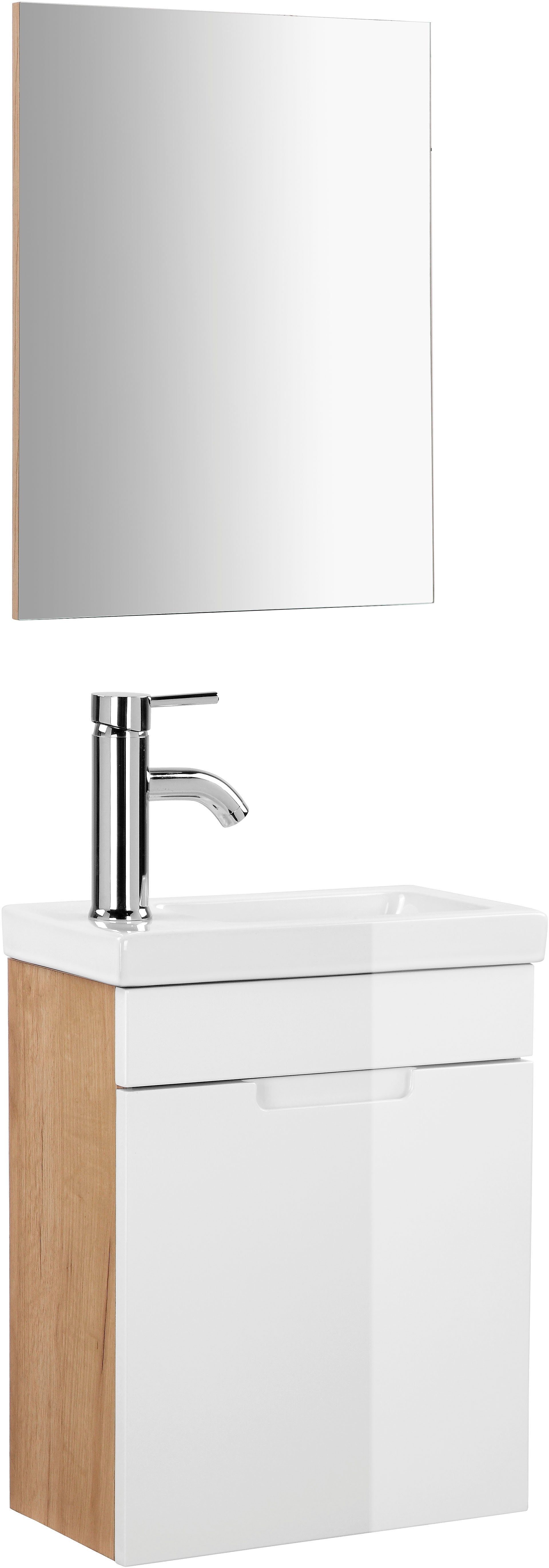 welltime Badmöbel-Set Lund Gästebad Gästebadezimmmer Set Gäste-WC Waschplatzset, (Komplett-Set), Waschtisch, Spiegel und Waschbecken Breite 40 cm