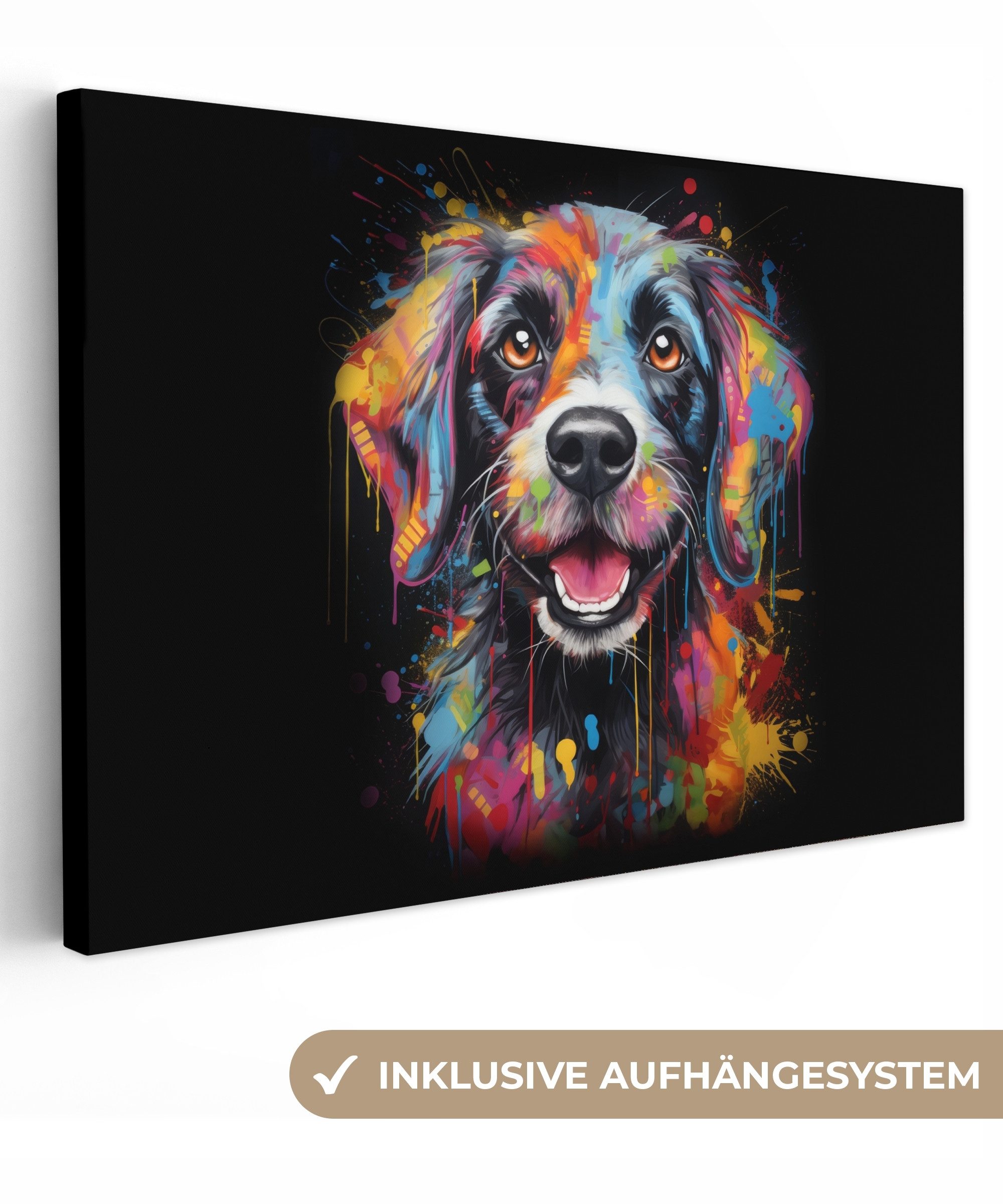 OneMillionCanvasses® Leinwandbild Graffiti - Hund - Schwarz - Farben, Fotodruck (1 St), Leinwand Bilder Klein, Wand Dekoration Aesthetic 30x20 cm