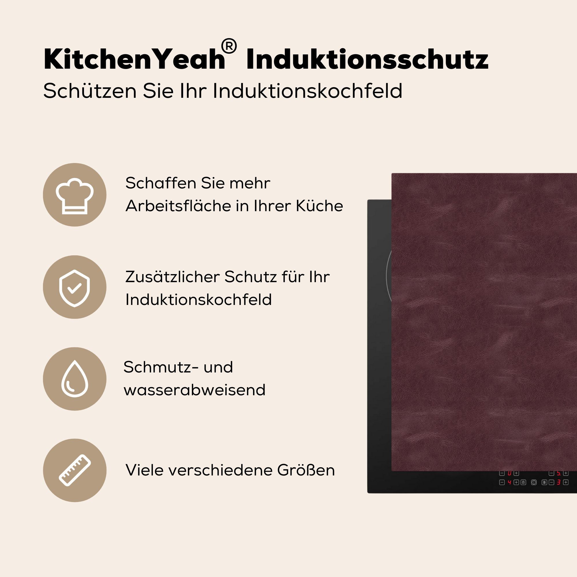 (1 küche Leder cm, Arbeitsplatte - Rot 78x78 MuchoWow tlg), Tiere, Induktionsschutz Ceranfeldabdeckung, für Vinyl, - - Herdblende-/Abdeckplatte