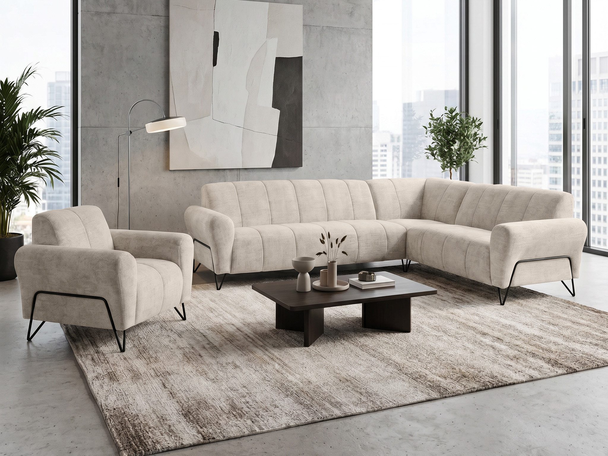 Beautysofa Polstergarnitur im modernen Stil auf hohen Metallbeinen VOLARE, (Sofagarnitur aus Chenille-Stoff, Beige Grau, Ecksofa L + Sessel Set moderne Couchgarnitur), HR-Schaum, Wellenfederung, freistehend