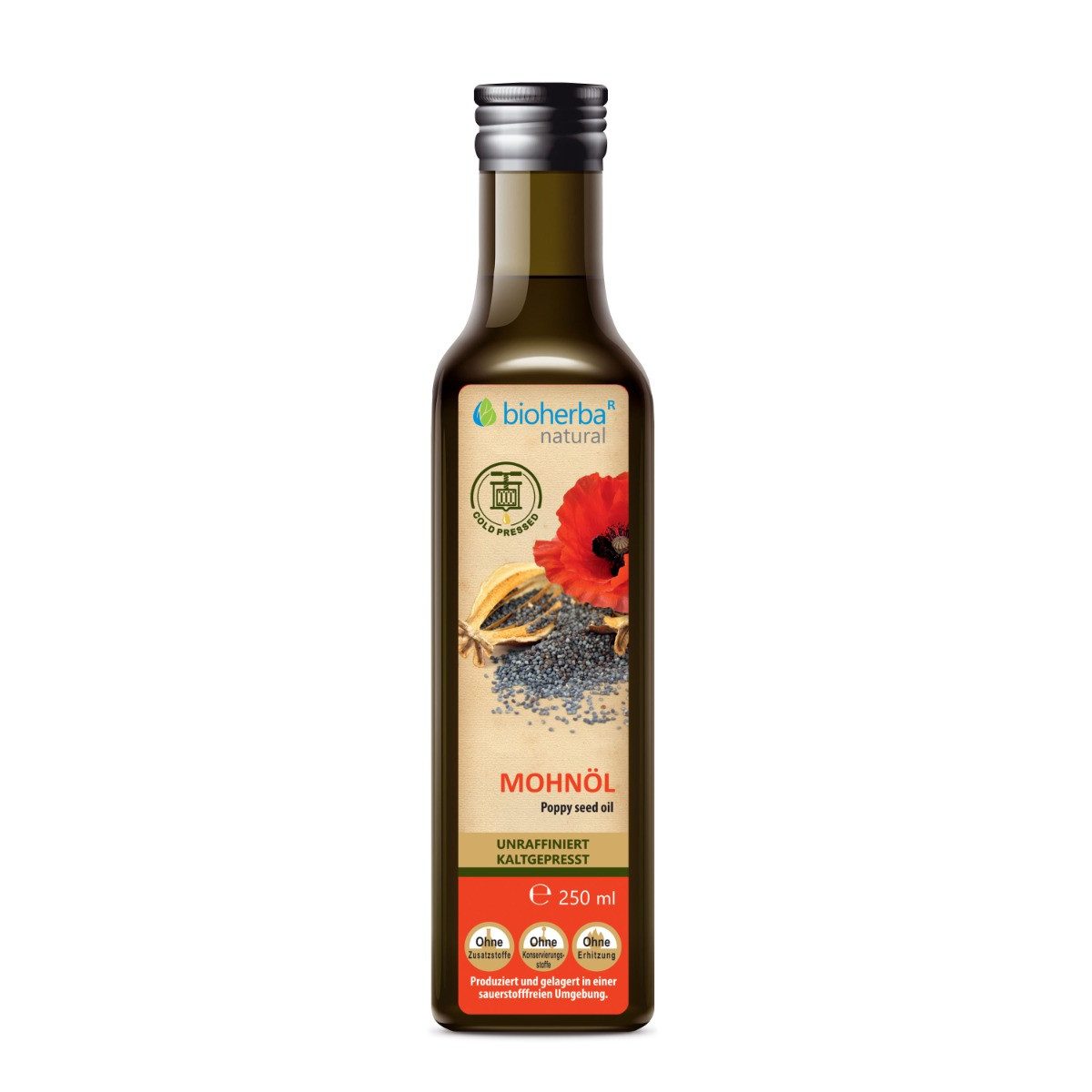 BIOHERBA R Mohnöl kaltgepresst – Natürliches Mohnsamenöl 250 ml Nahrungsergänzungsmittel