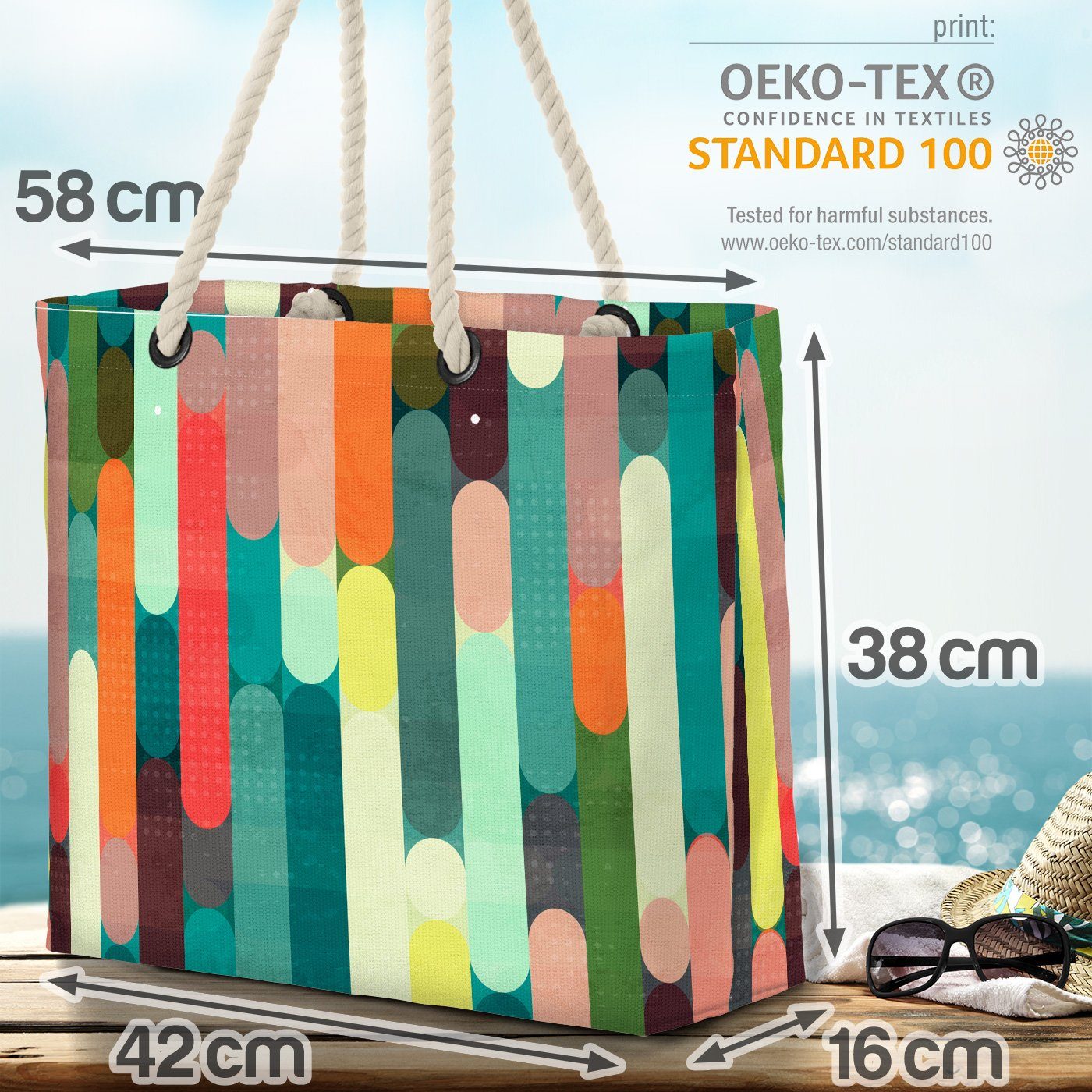 80er Strandtasche Farben Bag Stripes gestreift grunge Beach 70er Streifen rund VOID bunt Retro (1-tlg),