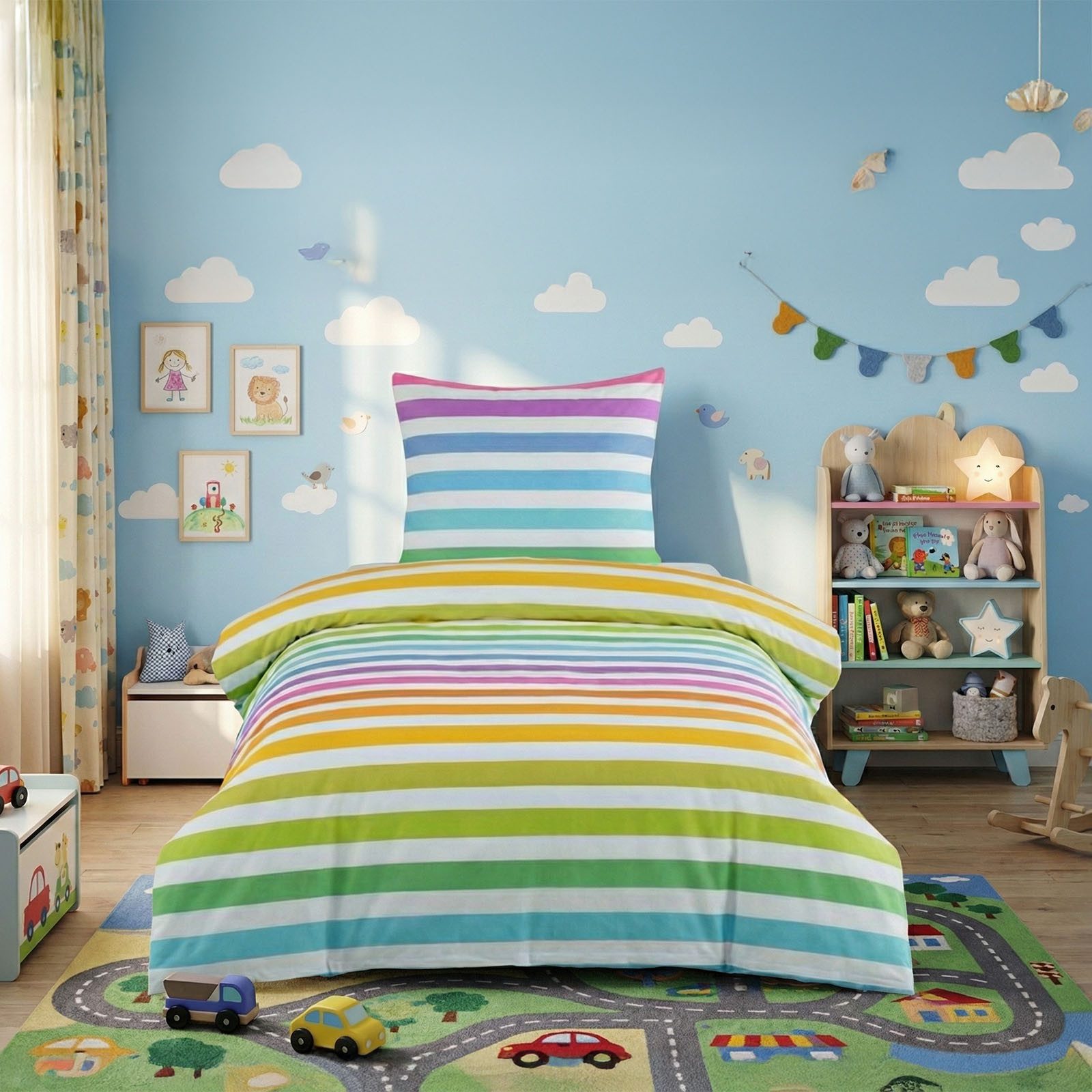 Buymax Kinderbettwäsche Rainbow Kids, Renforcé, 2 teilig, 135x200 cm, 100% Baumwolle, Reißverschluss, Kind, Regenbogen