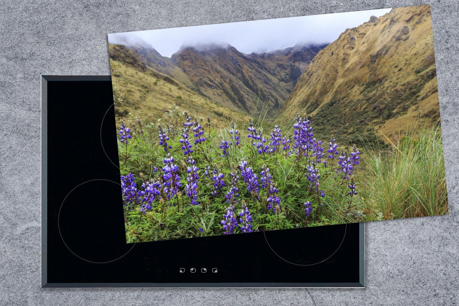 tlg), (1 küche, Ceranfeldabdeckung Schutz Picchu cm, nach Blumen 81x52 Vinyl, Peru, Induktionskochfeld Inka-Bergpfad die Machu MuchoWow lila mit Herdblende-/Abdeckplatte für