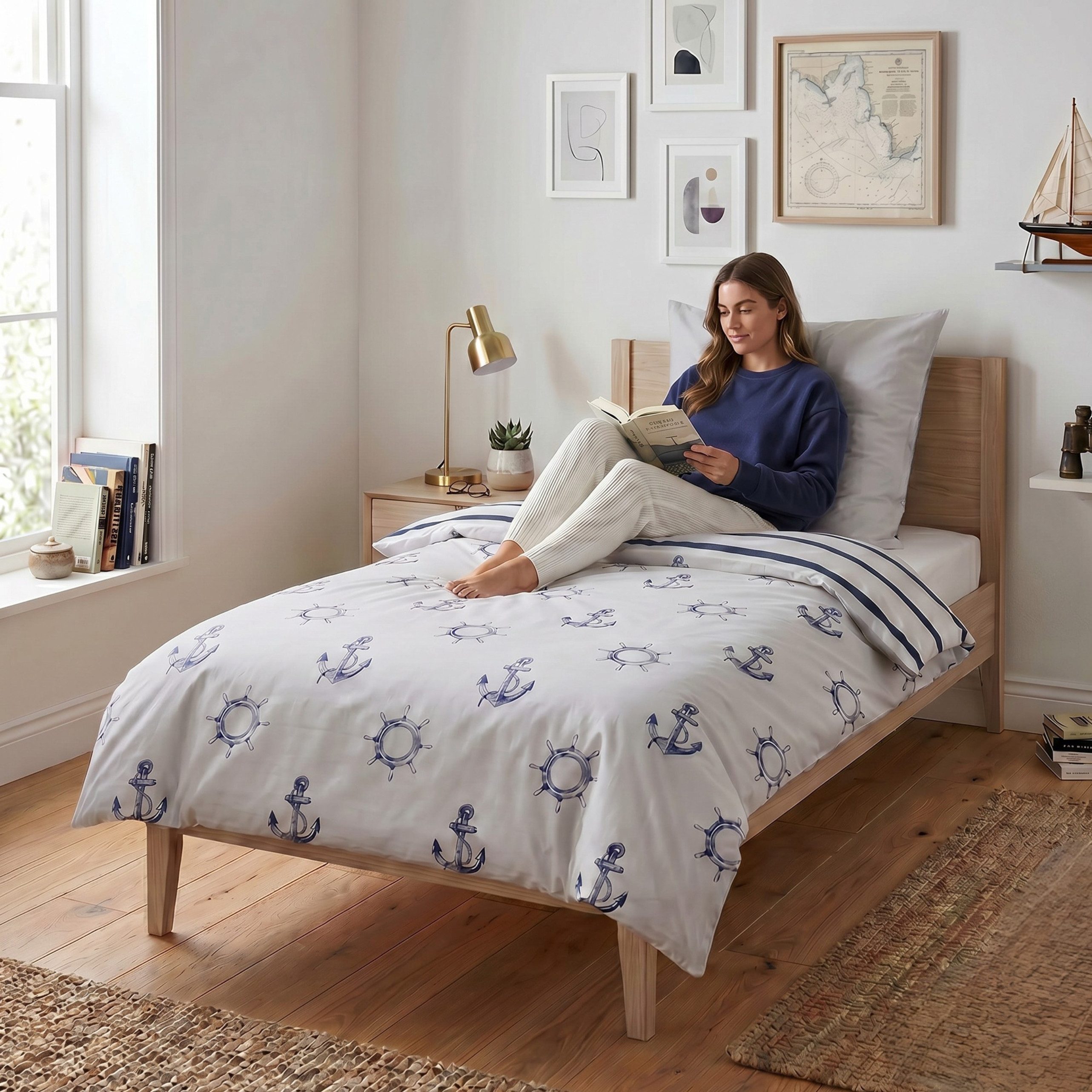 MTOnlinehandel Bettwäsche Anker 135x200 + 80x80 cm, Renforcé, maritimes Design in Hellgrau/Blau, 100% Baumwolle, 2 teilig, Küstenflair zum Wohlfühlen