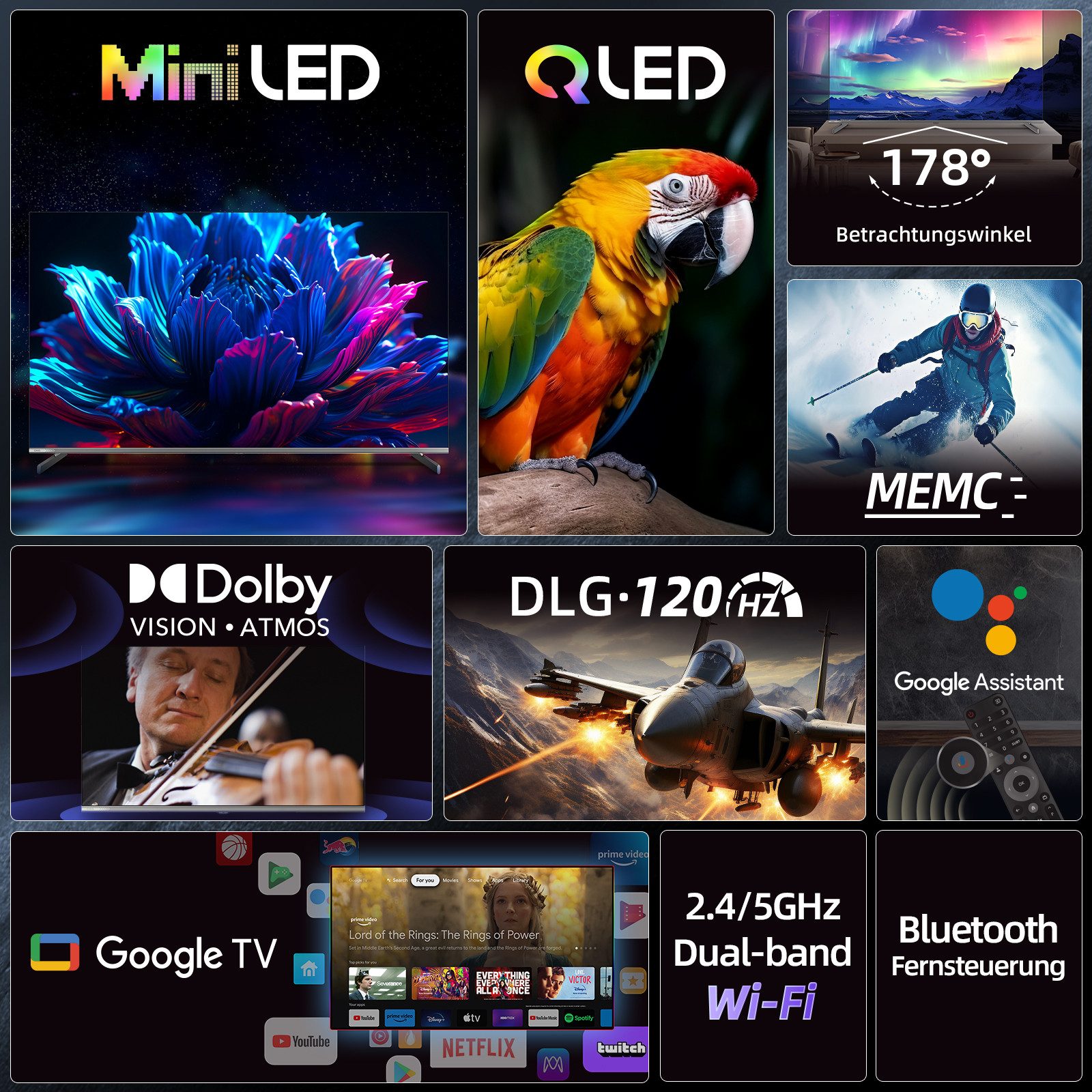 CHiQ M65QN9G Mini-LED-Fernseher (164 cm/65 Zoll, 4K Ultra HD, Smart-TV, Google TV, Mini LED TV, 4K UHD TV, ALLM&VRR, MEMC, DVB-T/T2, DVB-C, DVB-S/S2)