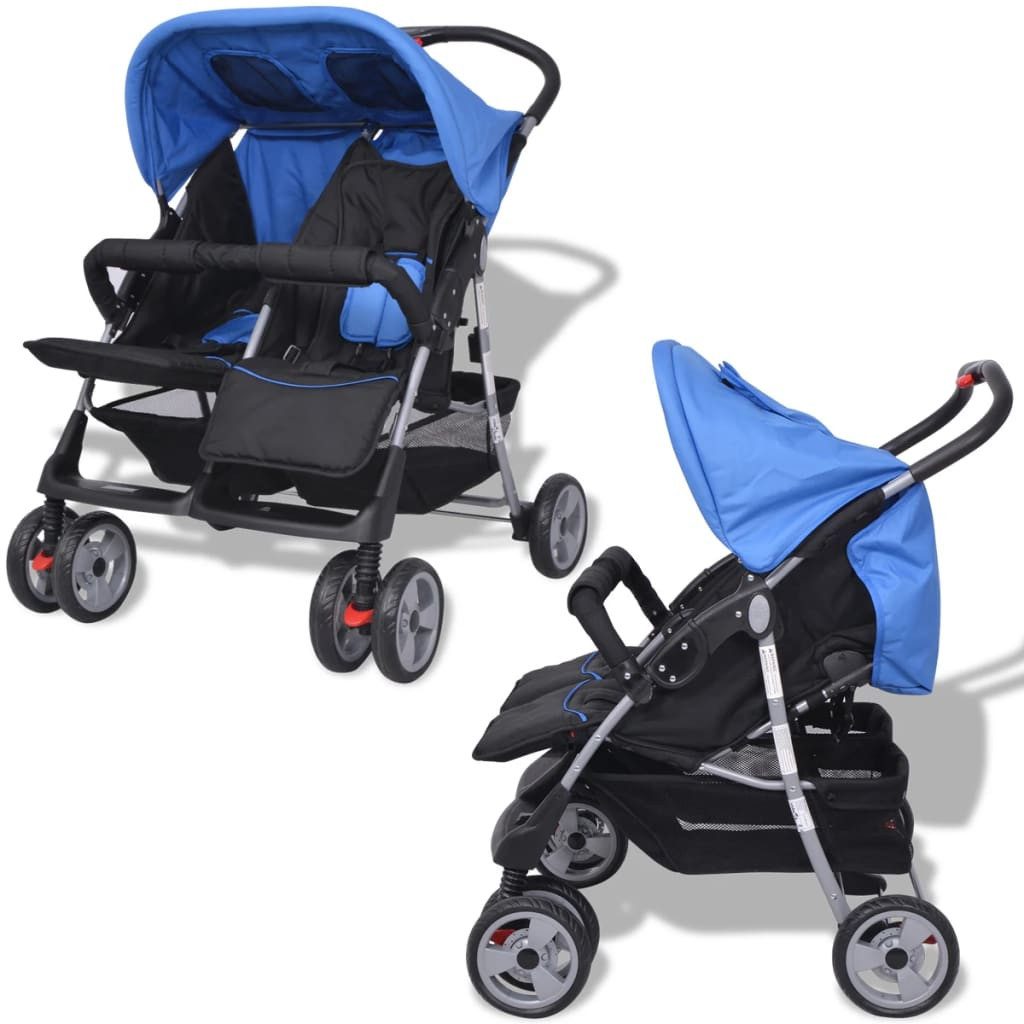 vidaXL Kombi-Kinderwagen Kinderwagen Kinderkarre Buggy Zwillings-Geschwisterwagen Stahl Blau un