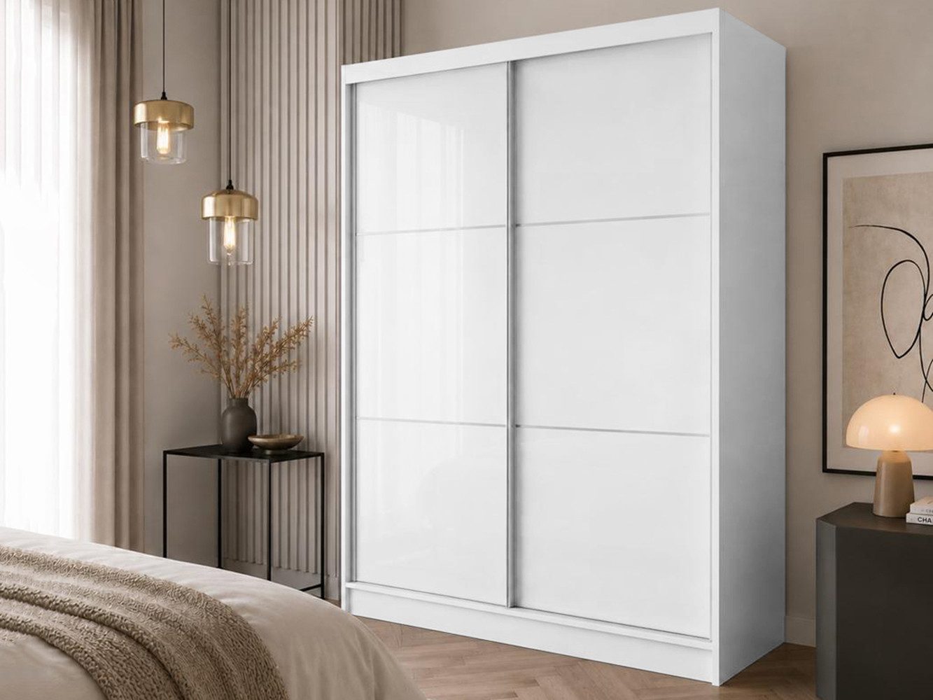 Beautysofa Schwebetürenschrank Viva mit Lacobel-Glas (4 Farben: Weiß, Grau, Schwarz und Kaschmir, mit oder ohne Schubladeneinsätze) Moderner Kleiderschrank