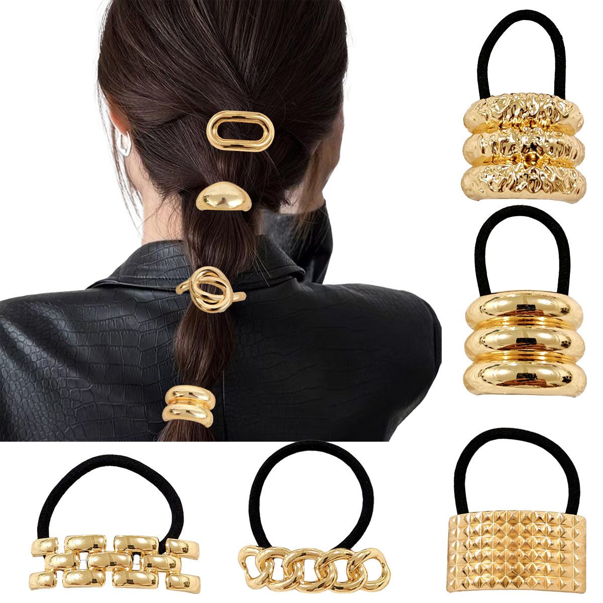 KARMA Haargummi vers. Modelle Schwarz Gold Metall Damen Haarzopf Haarschmuck modern, Damenhaarschmuck, Damenhaargummi Damenhaarzopf