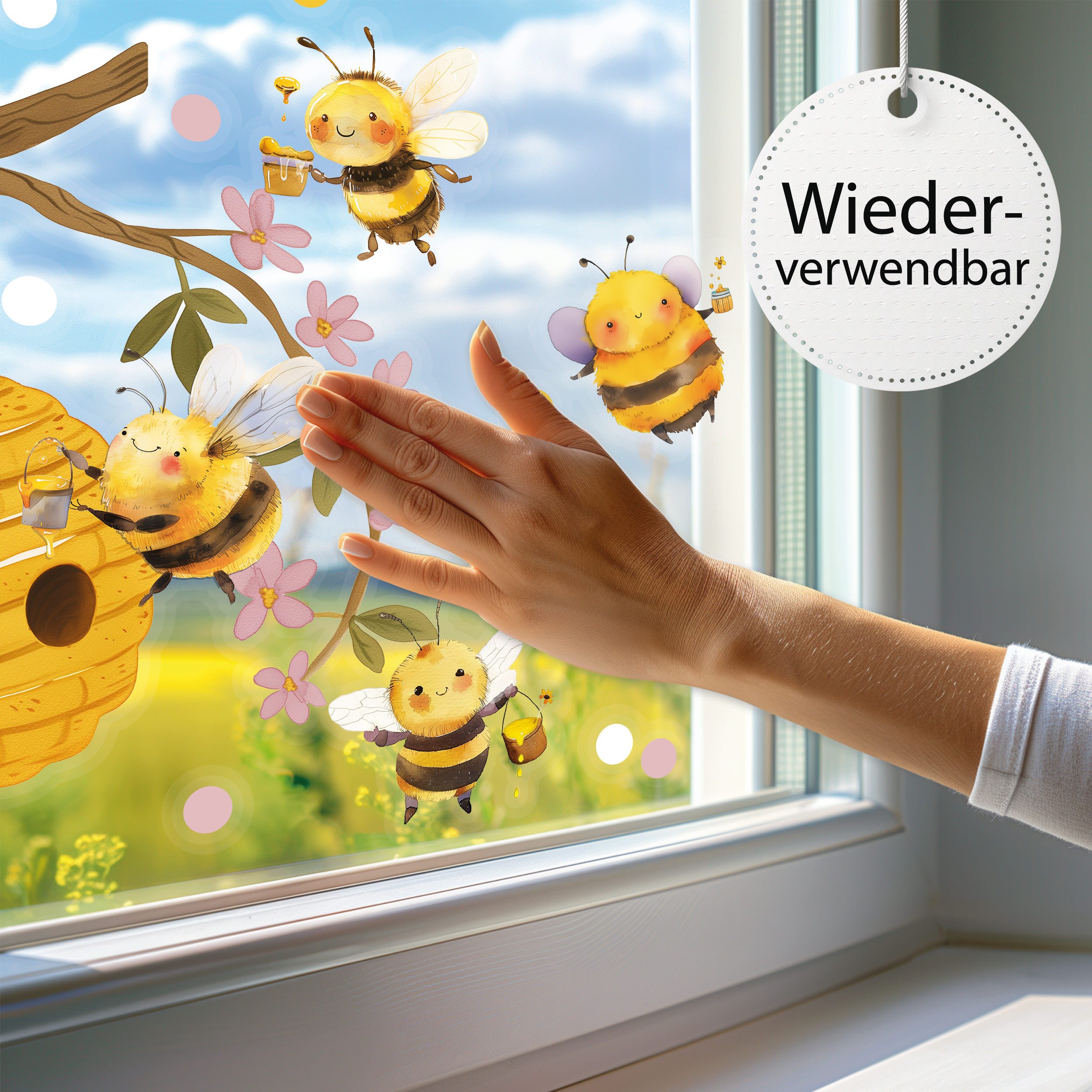 Sunnywall Fensterdekoration wiederverwendbares Fensterbild Bienen auf Honigsuche im Kirschbaum, wiederverwendbar, statisch haftend, beidseitiger Druck