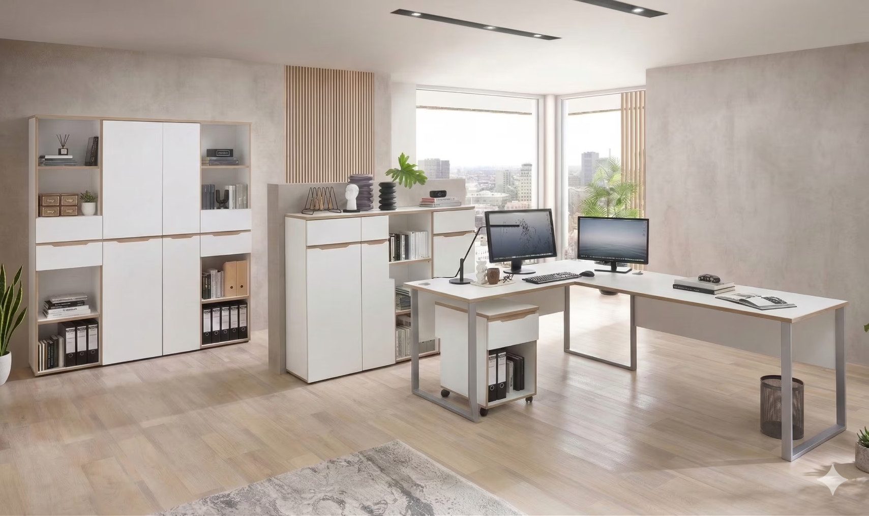 Innostyle Büromöbel-Set Komplettbüro MEMPHIS IV Weiß/-Artisan Eiche 8-teiliges Set inkl. Tisch, (Komplett-Set, 8-tlg., 3x Schrank, 3x Regal, 1x Schreibtisch, 1x Rollcontainer)