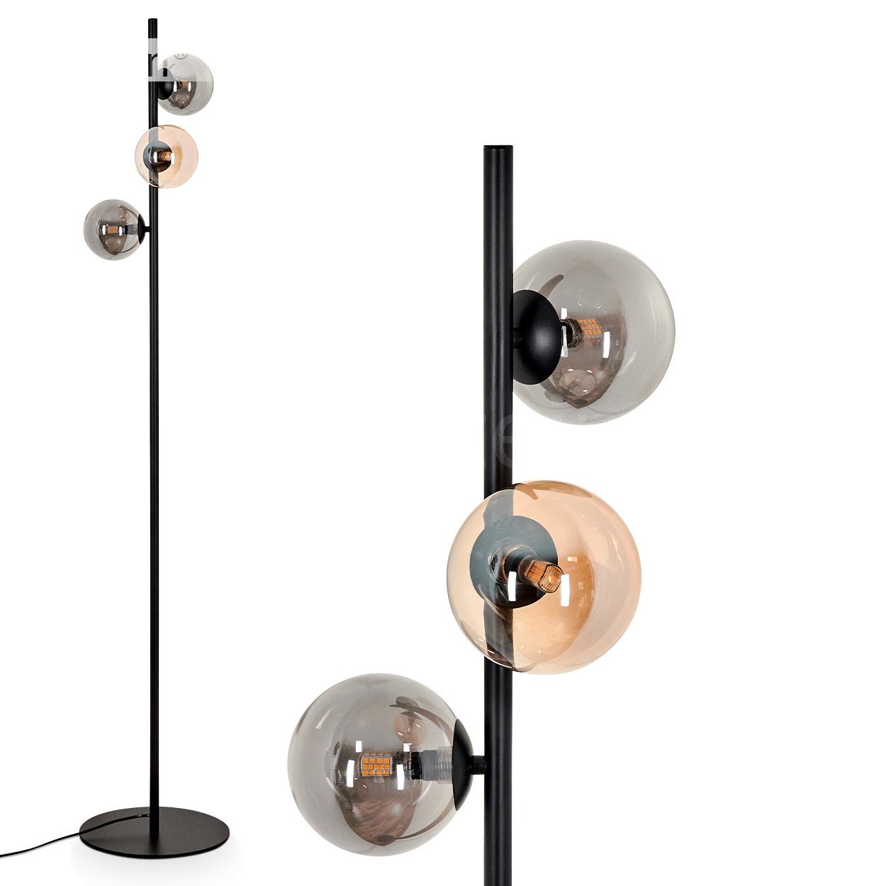 Stehlampe Stehlampe aus Metall/Glas in Schwarz/Bernstein/Rauchfarben