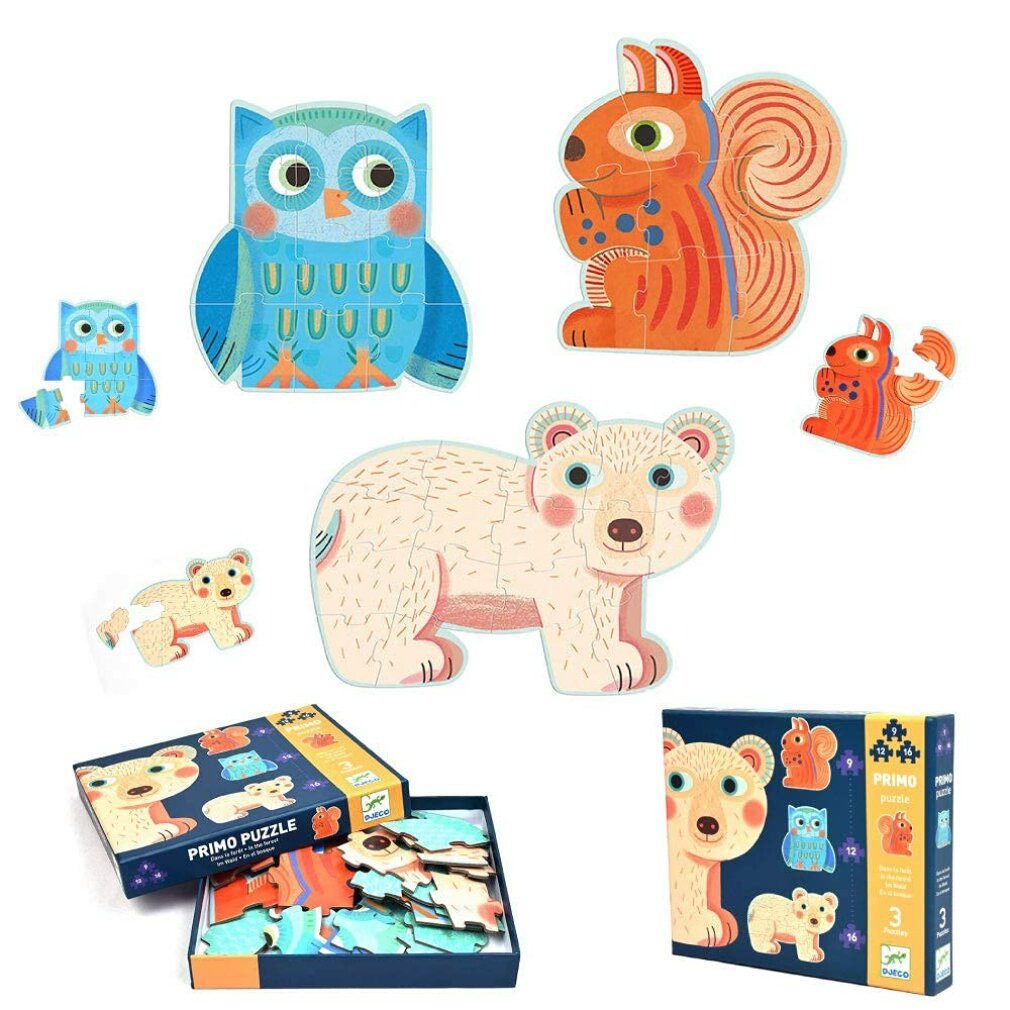 DJECO Puzzle Puzzle Im Wald 3in1 (9,12,16 Teile), Puzzleteile
