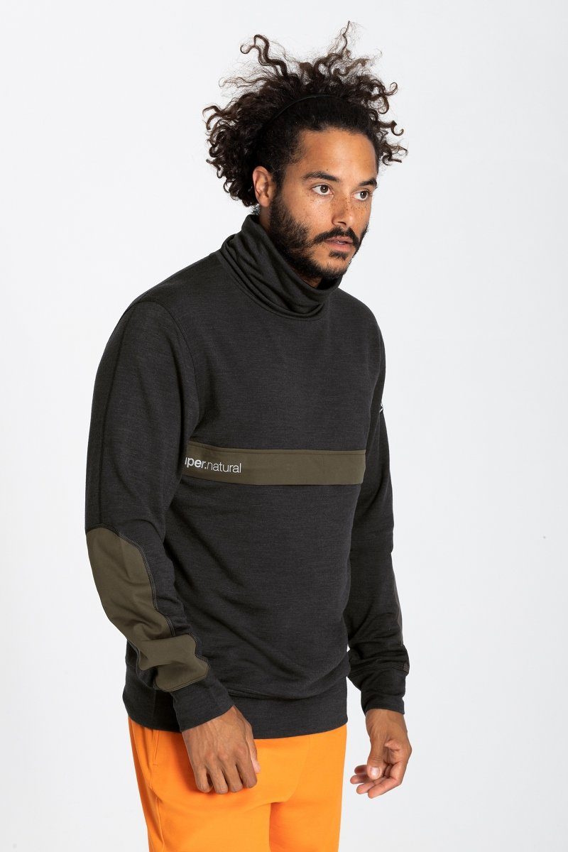 SUPER.NATURAL Sweatshirt Merino Pullover M ALPINE TURTLENECK angenehmer Merino-Materialmix Jet Black Melange/Wren | Sweatshirts